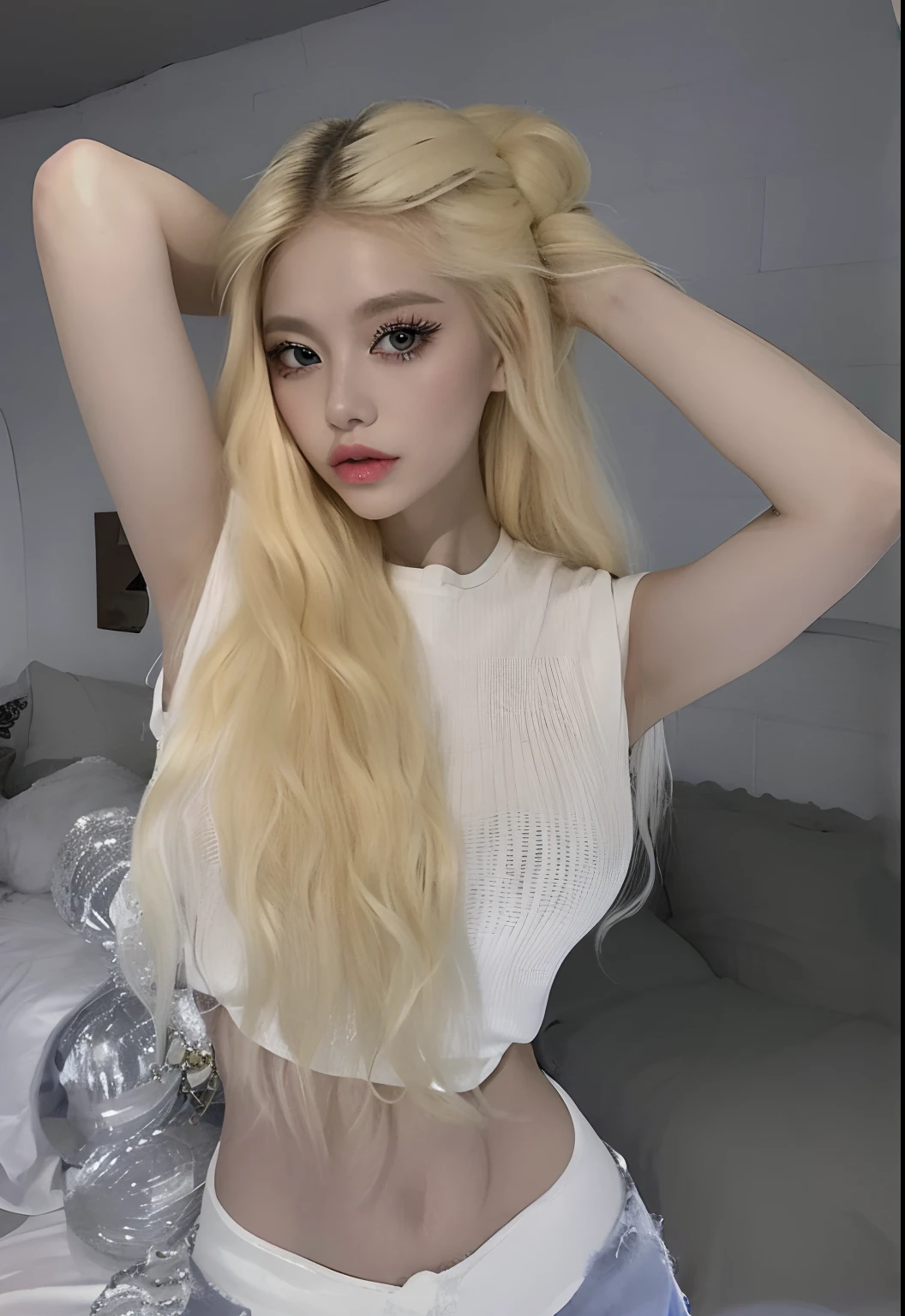 a close up of a woman with long blonde hair posing for a picture, korean girl, with long blond hair, very very pale blond hair, with long white hair, long blonde hair and big eyes, long blonde hair and large eyes, with very long blonde hair, beautiful south korean woman, with white long hair, extremely pale blond hair, ava max