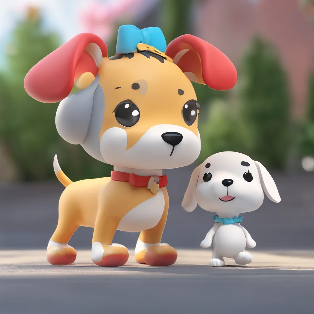 POP MART。It's similar to Snoopy.、Fluffy super cute dog。Like Snoopy, the color of both ears is gray, the body is white, Bright eyes, Cherub,Little white dress, clay, modeled, blind box toy, Glossy and delicate,clean back ground, Good luster, 3D rendering of a,Best Quality