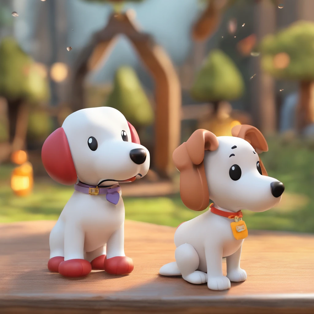 POP MART。It's similar to Snoopy.、Fluffy super cute dog。Like Snoopy, the color of both ears is gray, the body is white, Bright eyes, Cherub,Little white dress, clay, modeled, blind box toy, Glossy and delicate,clean back ground, Good luster, 3D rendering of a,Best Quality