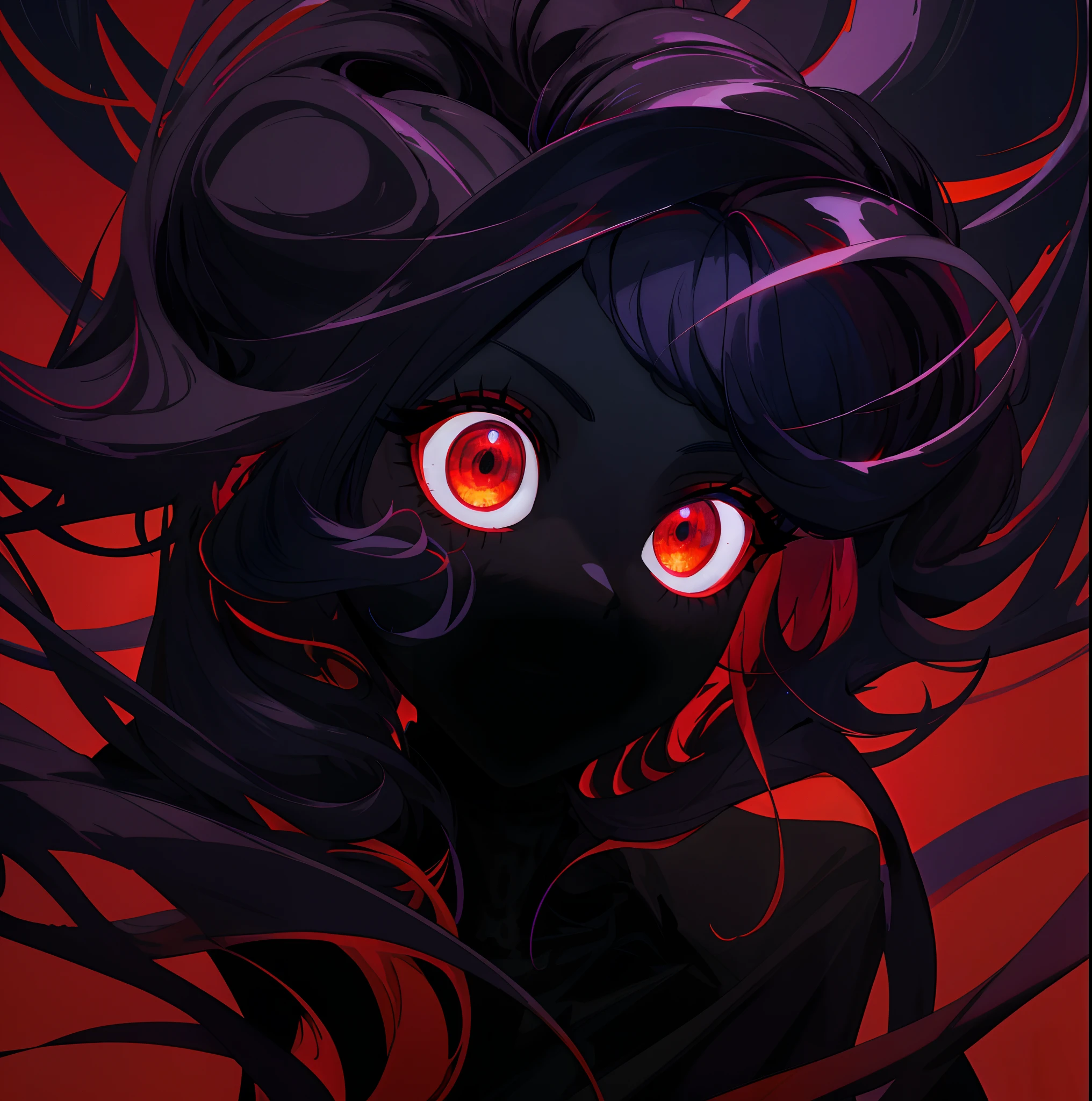 Close-up of a demonic creature with red eyes, red glowing eyes, ((tmasterpiece)), (((beste-Qualit))), ((ultradetailed)), ((illustartion)), [The light effect of realism], eye shadow, (fantasy style), (whitebackground), Simple background, illustartion, 1 girl, conjures, Magic, sly look, Majestic view (multi-colored hair, Hair gradient, Hair color from blue to peach, without bangs, curly curl on the cheek, hairstyle: high ponytail, long tail), The eyes are crimson-red, Warm light, wide eyes, Lashes, side glance, Crystal hair, glass hair, Tanzanite, Glowing Hair, Fantasy clothing, Necromancer's Clothes, Necromancer Wizard, necromancy, black and red clothing, Bone jewelry on clothes, galaxy, Additional lighting