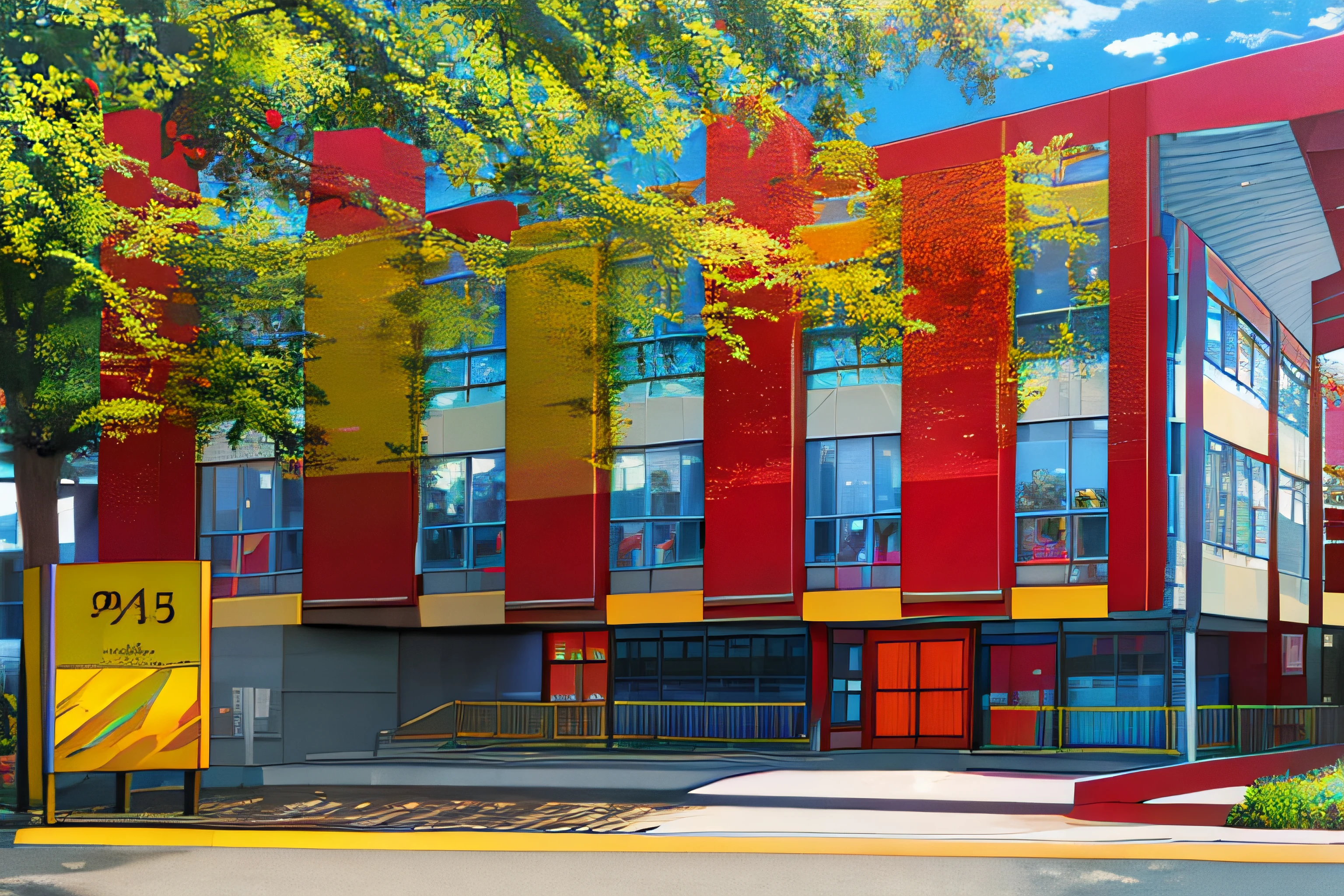 brightly colored building with a woman walking by it, colorful community library architecture, red - yellow - blue building, colorful modern, colorful library, exterior shot, vancouver school, wide angle exterior 2022, colorful striped pavillions, colorful glass wall, center, thumbnail, daniel richter, centre image, exterior, 4 0 9 6, colorful tiled architecture library, a colorful library