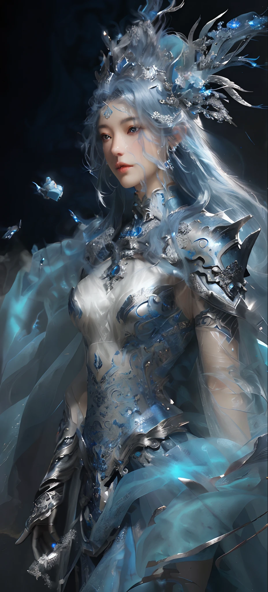 a close up of a woman in a silver and blue dress, chengwei pan on artstation, by Yang J, detailed fantasy art, stunning character art, fanart best artstation, epic exquisite character art, beautiful armor, extremely detailed artgerm, detailed digital anime art, artgerm on artstation pixiv, armor girl