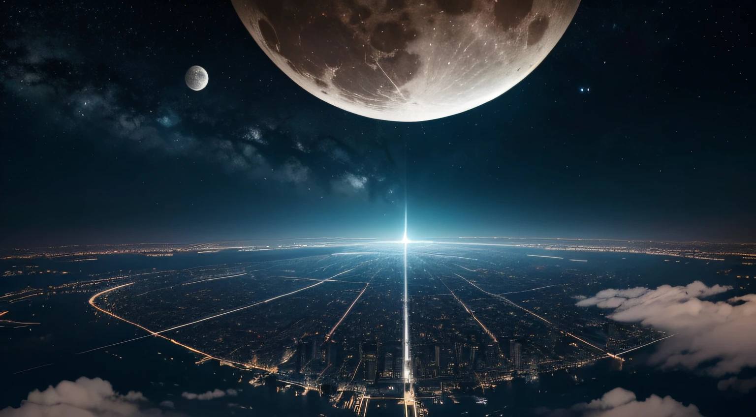 Dark sky with lots of stars and a huge moon lighting up the ground in a deserted city ((piece of master)), melhor qualidade, (8k, melhor qualidade, master part:1.2), ultra-detalhado, illustration, cidade grande fantasia, science fiction, Ethereal City, Cidade flutuante, many planets in the heavens, nuvens ao redor, arquitetura celeste, cicatrizes de energia roxa ao redor, Castelo gigante no centro, astral heavens