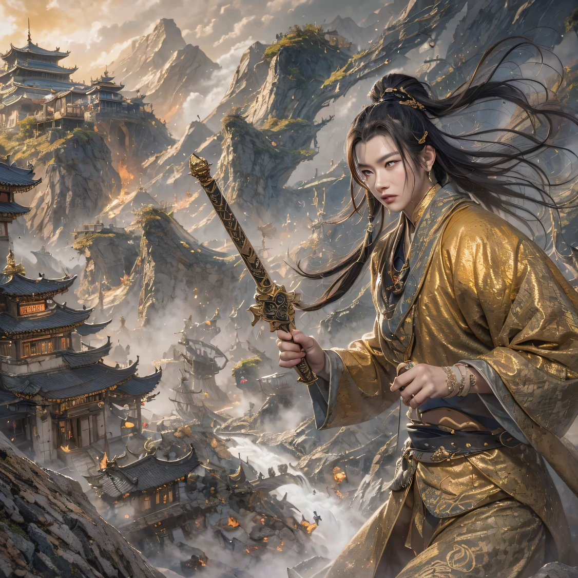 Immortal Realm, Chance encounter with Liu Hanshu, He saw in him his former self, It was decided to take him as an apprentice, Teach him how to protect himself, But because of the Tibetan star map, He established relationships with the Liu family and the Jade Sword Sect, It opens with the death of Liu Hanshu, Qin Yu embarked on the road of confrontation with a strong enemy, Working hard, Make yourself stronger, Stick to your own core path of justice, I also want to protect the people I care about, The three brothers took off, And embarked on a long journey to find a good brother, Qin Yu, Where are Xiao Hei and Hou Fei（canyons）Climb the streets（Doomsday Stream）eyes filled with angry，He clenched his fists，Rush up，Deliver a fatal blow to your opponent，full bodyesbian，Full Body Male Mage 32K（Masterpiece Canyon Ultra HD）Long flowing black hair，Campsite size，zydink， The wounded lined up in the streets（canyons）Climb the streets， The scene of the explosion（canyons）， （Linen batik scarf）， Angry fighting stance， looking at the ground， Batik linen bandana， Chinese python pattern long-sleeved garment， canyons（Abstract propylene splash：1.2）， Dark clouds lightning background，Flour flies（realisticlying：1.4），Black color hair，Flour fluttering，rainbow background， A high resolution， the detail， RAW photogr， Sharp Re， Nikon D850 Film Stock Photo by Jefferies Lee 4 Kodak Portra 400 Camera F1.6 shots, Rich colors, ultra-realistic vivid textures, Dramatic lighting, Unreal Engine Art Station Trend, cinestir 800，Flowing black hair,（（（Jungle Canyon）））The wounded lined up in the streets（vale）Climb the streets，Movie master real-time image quality