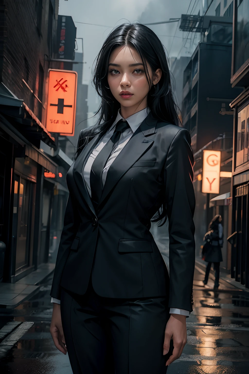 Woman in recruit suit.Beautuful Women. Beautiful double eyes. Bridge of my nose. Plump lips.Standing facing the front. Black hair. He wears a black business suit. She stands on a deserted city street at night. A strange fog is gathering in the city. 8K image quality.