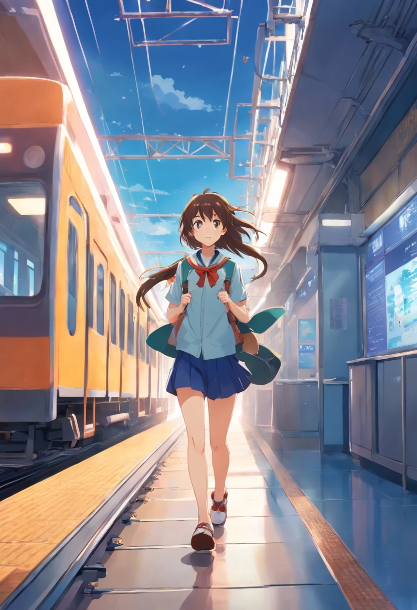 anime girl with long hair walking on a train platform, kantai collection style, railgun, konpeki no kantai, kantai collection arcade, kancolle, makoto shinkai style, anime visual of a cute girl, makoto shinkai art style, beautiful anime high school girl, anime style 4 k, official artwork, shinkai makoto