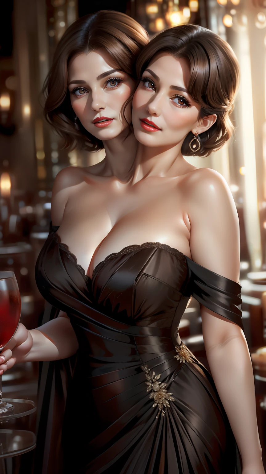 2 heads,Portrait of a 60-year-old woman with short brown hair, a captivating gaze, Brown eyes, Wrinkles on her face, She wears a very sexy black evening dress that reveals big flabby breasts, Light makeup and red lips. 32K