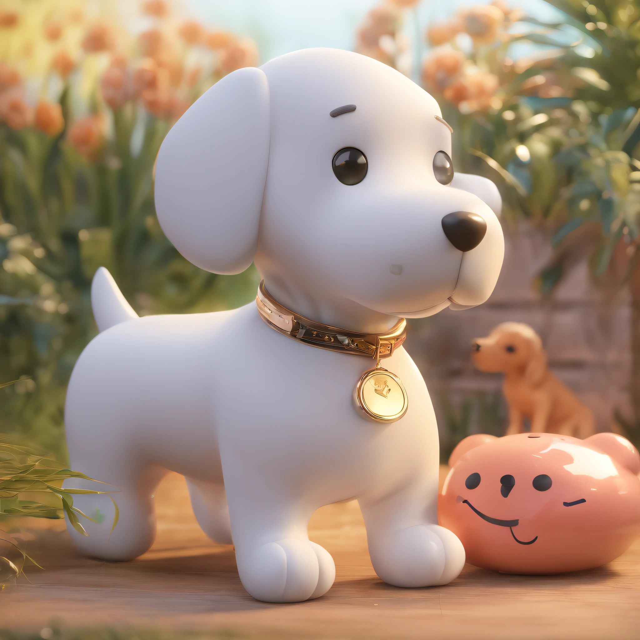 Super cute dog similar to Snoopy but fluffy by Pop Mart, Bright eyes, Cherub,Little white dress, clay, modeled, blind box toy, Glossy and delicate,clean back ground, Good luster, 3D rendering of a,Best Quality