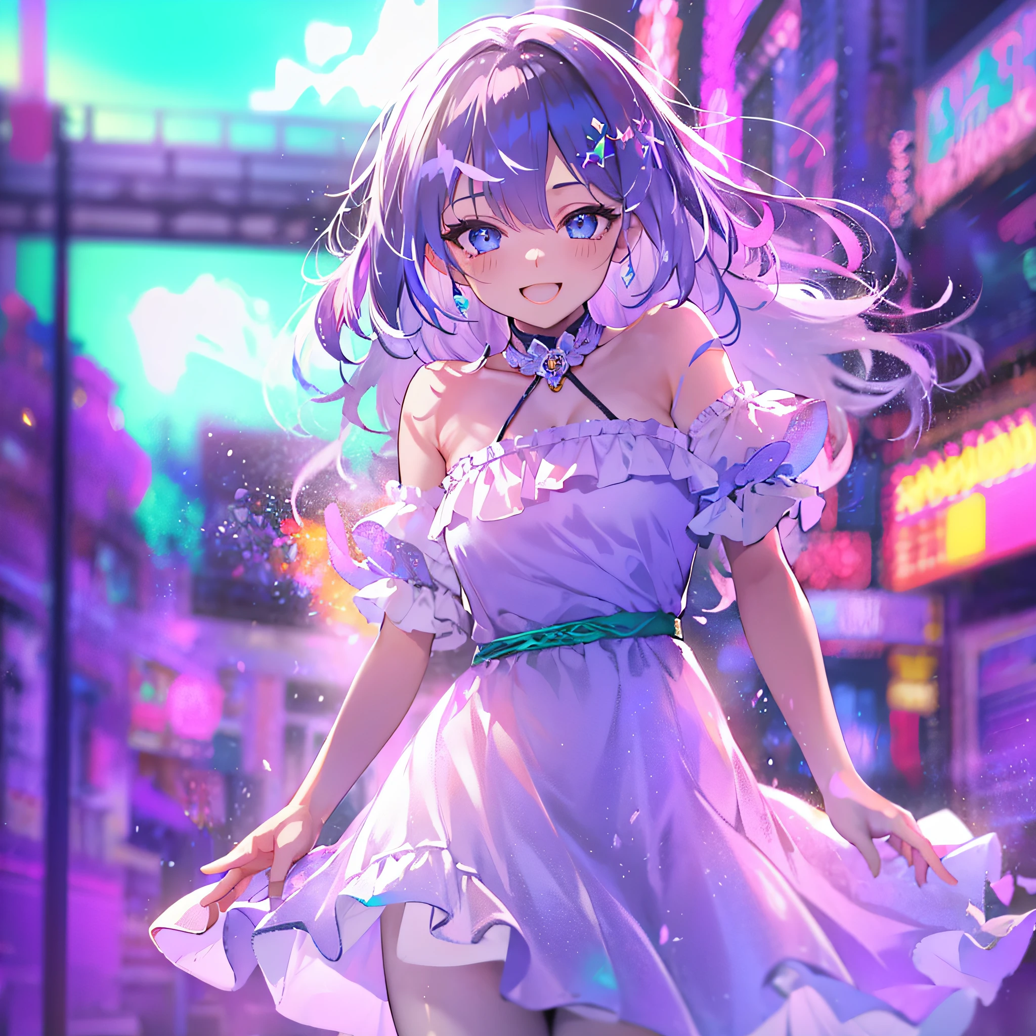 (masutepiece:1.3), (Best Quality:1.3), High resolution, Couboy Shot, I'm on the street with my arms outstretched and a big smile on my face.、Spread your arms、Hair color is purple、Short hair、Blue Mesh、blacklight、Vivid sea、Clear、Iridescent Sea、huge smile、Spectacular background、 Eyes are purple, Miraculous Eye、Beautiful detailed eyes, ultradetailed eyes、Glitter eyes,Put the most effort into the brilliance of your eyes、, (One Cute Girl:1.3), , Hair over one eye, Small breasts, Dress, Detached sleeves, Dress like a wacky fashion model、White pantyhose、Wearing a rainbow-colored aura from the whole body、purpleish color, Outdoors, Purple background, Shadow lighting,perfectbody