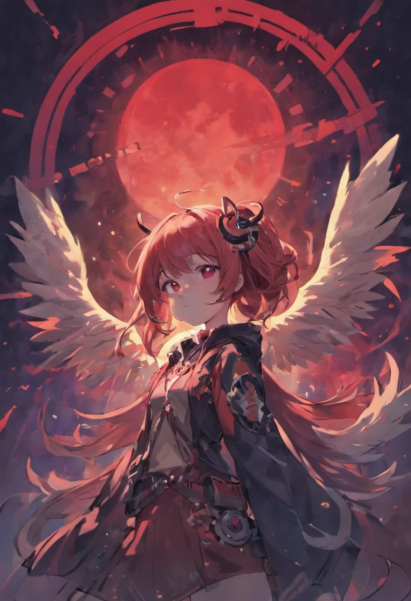 She has cat ears and red and blue odd-eye with red pupils in one eye。On the back there are three pairs of demon wings and angel wings、She has small breasts and wears a black and white combat suit。He has a wand with a blue gem and a compass embedded in it.、A black and white ring is above my head。Behind is a red moon glowing in the darkness。