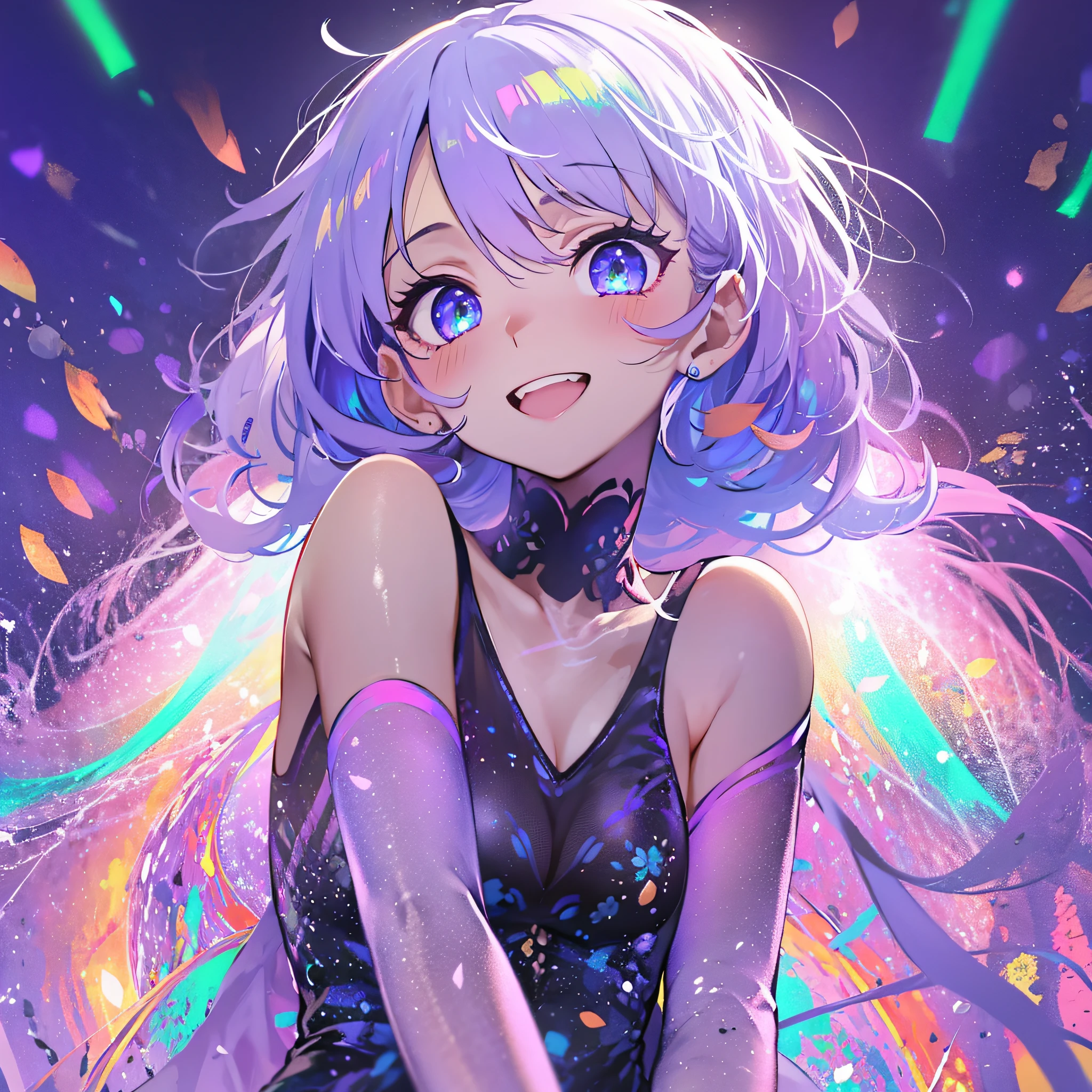 (masutepiece:1.3), (Best Quality:1.3), High resolution, Couboy Shot, I'm on the street with my arms outstretched and a big smile on my face.、Spread your arms、Hair color is purple、Short hair、Blue Mesh、blacklight、Vivid sea、Clear、Iridescent Sea、huge smile、Spectacular background、 Eyes are purple, Miraculous Eye、Beautiful detailed eyes, ultradetailed eyes、Glitter eyes,Put the most effort into the brilliance of your eyes、, (One Cute Girl:1.3), , Hair over one eye, Small breasts, Dress, Detached sleeves, Dress like a wacky fashion model、White pantyhose、Wearing a rainbow-colored aura from the whole body、purpleish color, Outdoors, Purple background, Shadow lighting,perfectbody