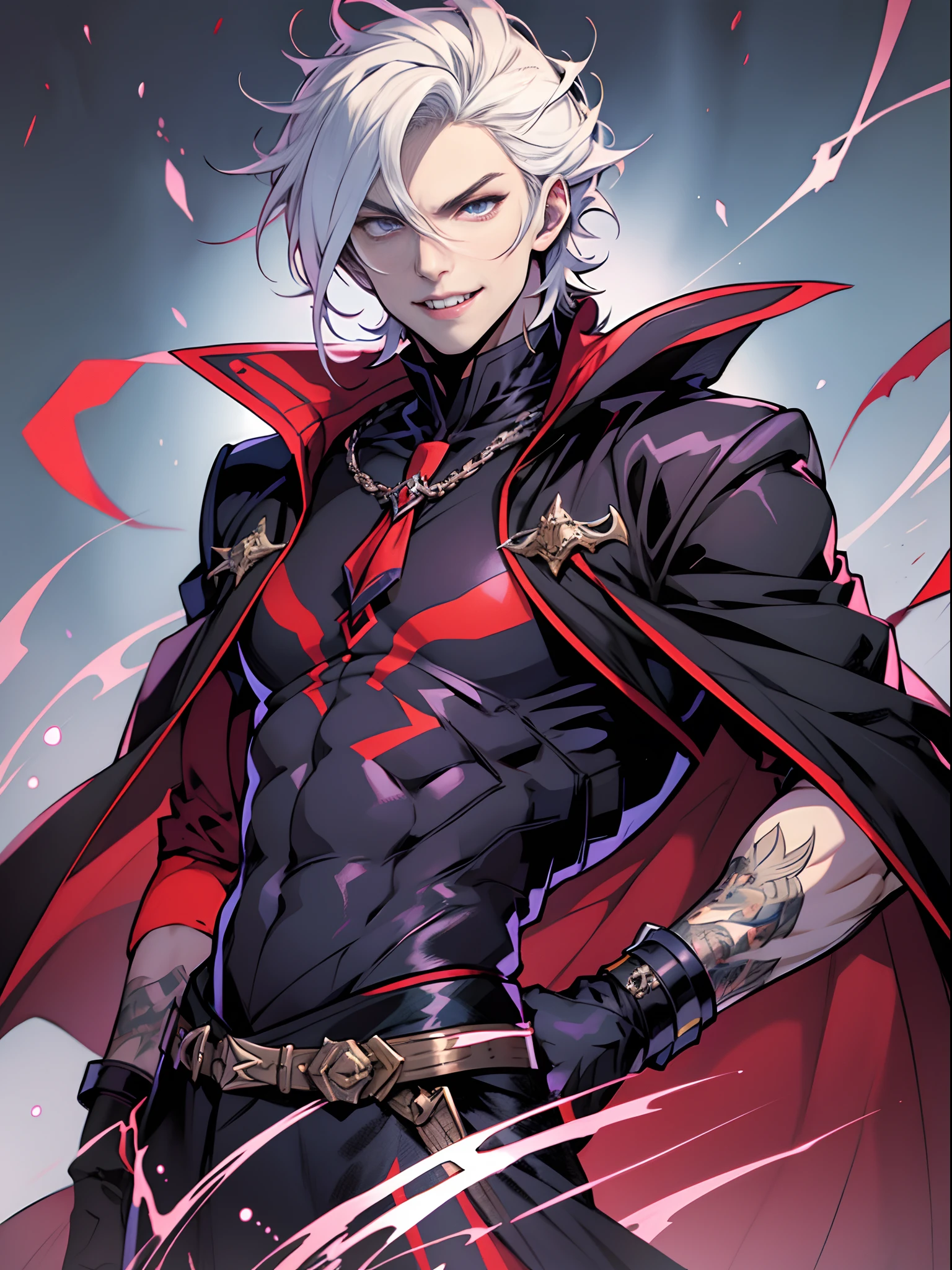man, heart in pupils, pink eyes, white hair, demon wings, sexy male royal consort outfit, abs