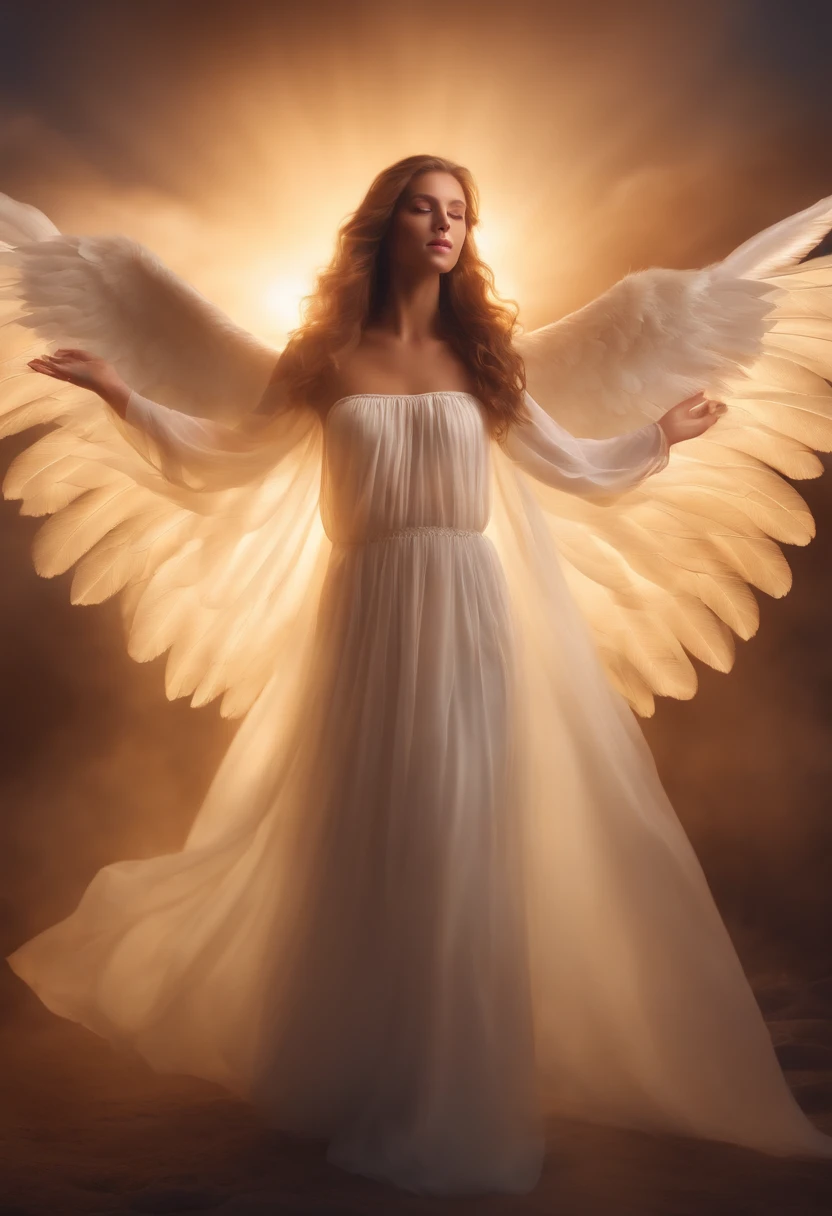 create a super realistic photo of a glowing angel appearing to a 20-year-old girl with a mulsumana appearance with hair covered by a cloth. (foto ultrarealista)