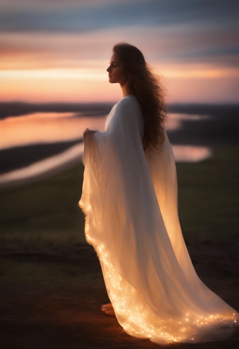 create a super realistic photo of a glowing angel appearing to a 20-year-old girl with a mulsumana appearance with hair covered by a cloth. (foto ultrarealista)