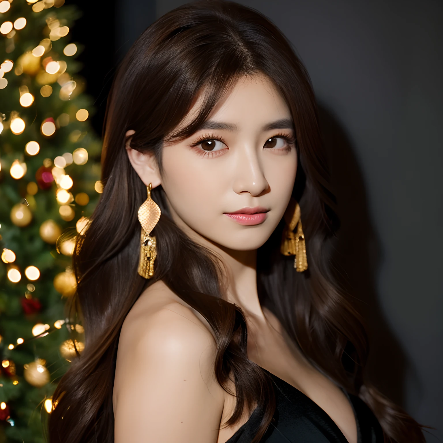 a girl,Bronze hair,long-haired,Double eyelidd,In the black eye,eyelashes,Gold earrings,Black dress,moon,Shadows,to show,nighttime