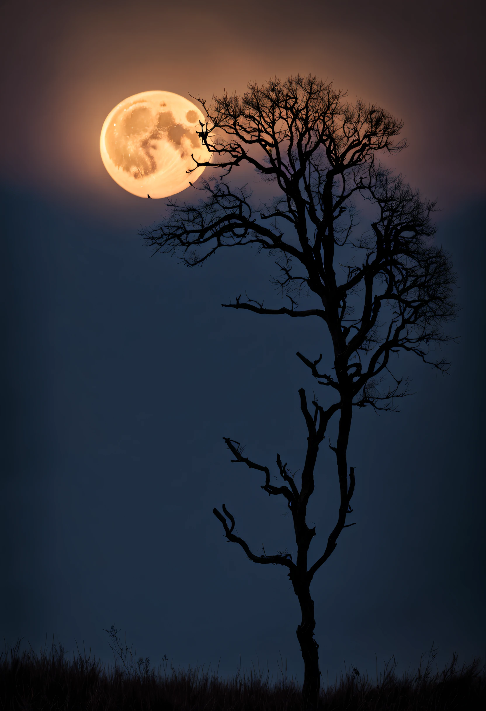 over the wilderness, enveloped by darkness, a full moon hangs high, casting its pale light upon a solitary bare tree. (best quality,highres),vivid colors,ultra-detailed,sharp focus,hdr,night scenery,loneliness,haunting,tree silhouette,dark fantasy,wilderness,ominous presence,dramatic lighting