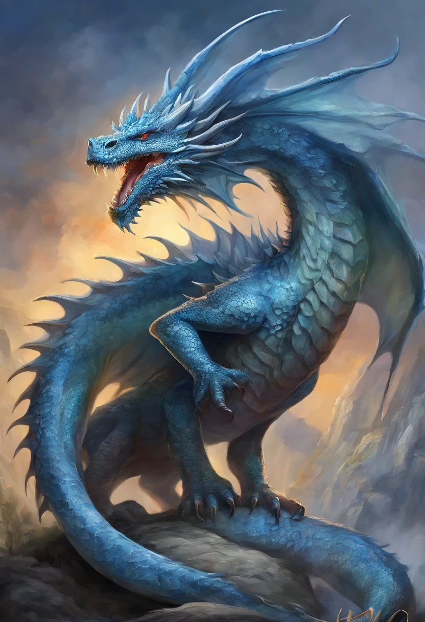There is a dragon with blue eyes and a long tail, dragon portrait, Portrait of a dragon, Portrait of a cyborg dragon, dragon with scars, soft delicate draconic features, Dragon Art, D&d commision art dragon, colossal dragon as background, Frost Dragon, oil painting of dragon, dragon mawshot art, detailed dragon, author:Adam Maczynski