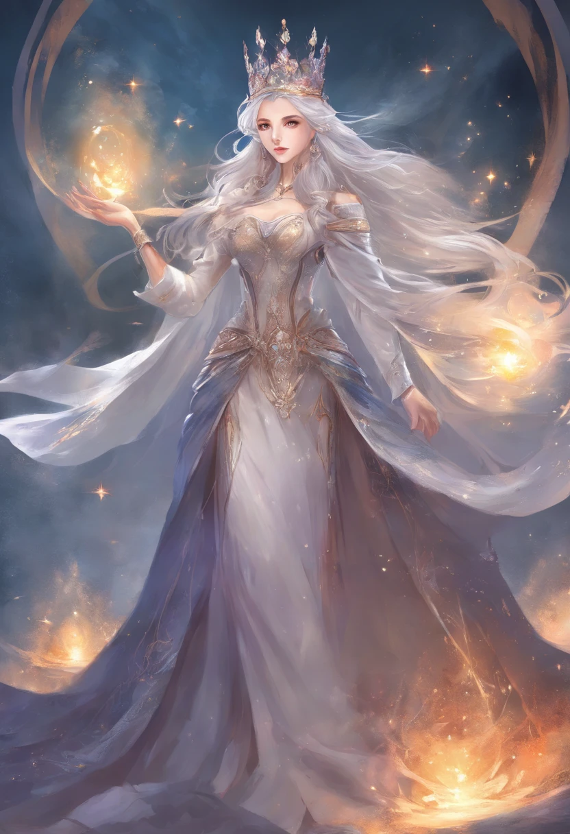 anime, attractive, fantasy, witch, Princess, crown, gray hair, silver eyes, bloodshot, power, nude
