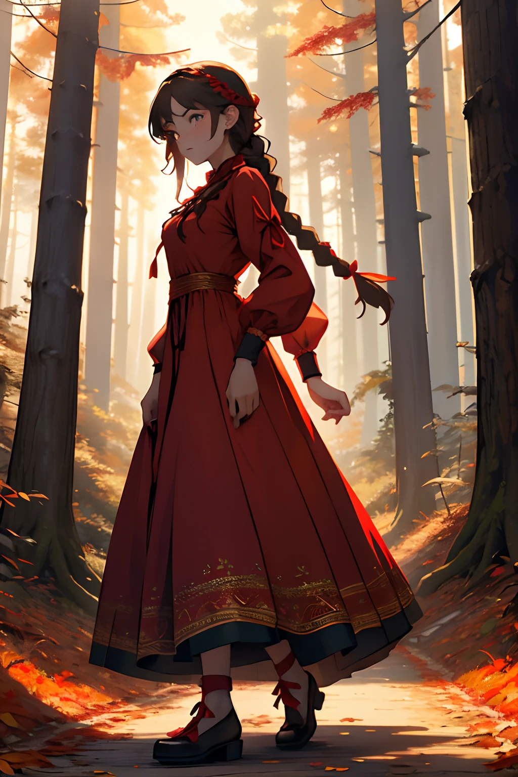 Russian girl. Long pigtail. brown-hair. Cyan eyes. light skin. shapely body. Red dress. red sundress. Russian ornament on the dress. A magical forest. N Autumn. The girl stands at full height. A walk in the woods. Orange leaves. Red ribbon in the braid. Satin ribbon. Red dress. witchy. Long Dress