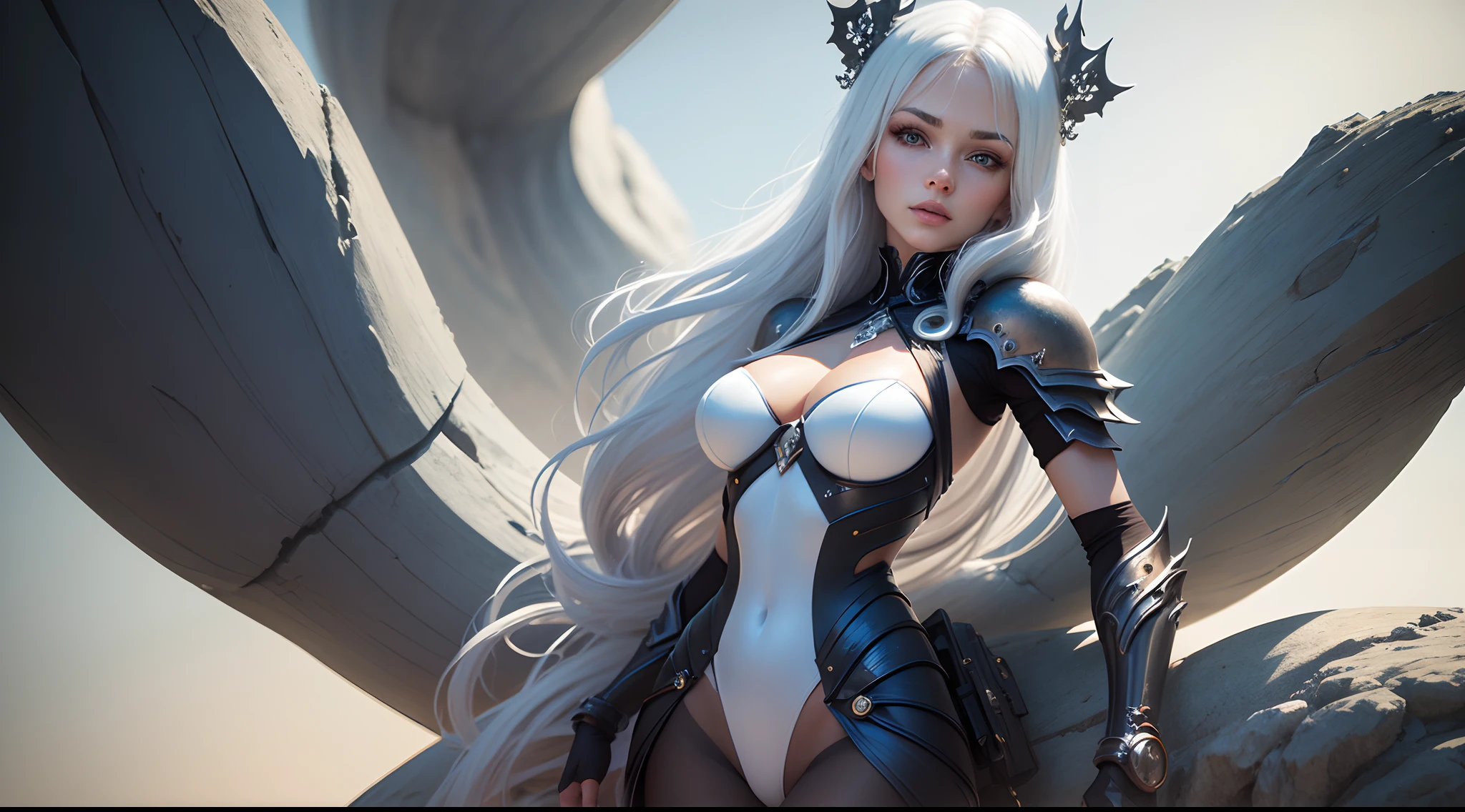 (((Young White Woman))), ((Best Quality)), ((Masterpiece)), (Detail: 1.4), 3D, A Beautiful fantasy Woman with Simon Bisley-style micro thong, fantasy style clothing, 2-piece clothing, Long silver hair, arm tatoo, fantasy warrior, fantasy hands, pastel, Perfect proportions, painting, White Balance, White backgorund, thirds rule, Crysisnanosuit,loraeyes,nijistyle,pantyhose,Blue eyes