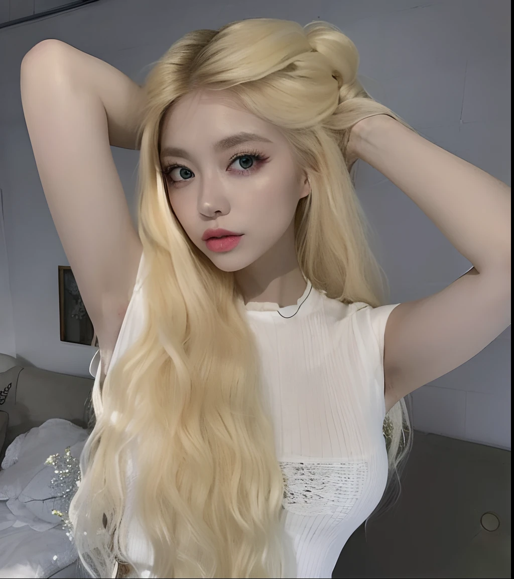 a close up of a woman with long blonde hair posing for a picture, korean girl, with long blond hair, very very pale blond hair, with long white hair, long blonde hair and big eyes, long blonde hair and large eyes, with very long blonde hair, beautiful south korean woman, with white long hair, extremely pale blond hair, ava max