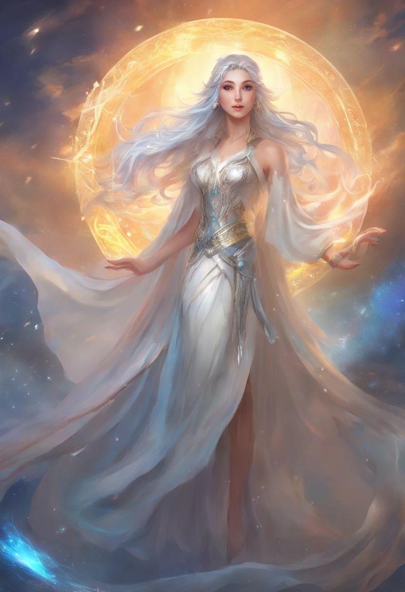 (best quality,4k,8k,highres,masterpiece:1.2),anime, enchanting, fantasy, sorcerer, princess, mysterious smile, silver hair, silver eyes, cool, powerful, nude