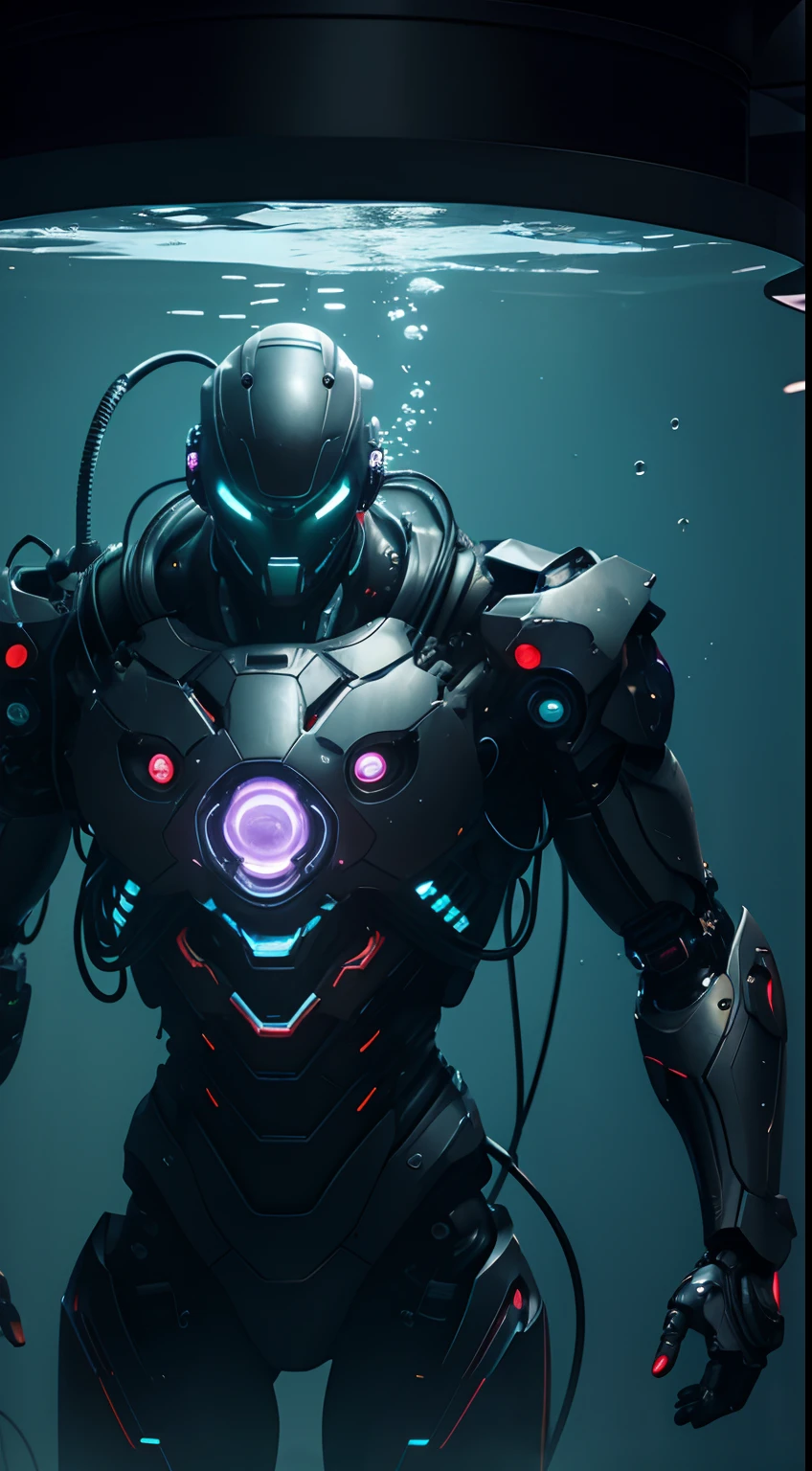 ((masterpiece)), ultra detailed cg render of a cyborg suspended by wires, male robot , (underwater:1.3), close up, machine man, mechanical arms, cyberpunk style, technological, dark, reflections, superficie scattering, 8k, badass, cinematic, glowing eyes,metal head, lights on the chest, wires, tubles, wires coming out the cyborg, neon lights, ominous atmosphere, bubbles, (intricate), UHD, finalelly detailed, high res, realistic, wallpaper, cybertech, dramatic lighting, a danger that awaits, artificial life,unethical, scary, horror. strong, cultivation tank
underwater