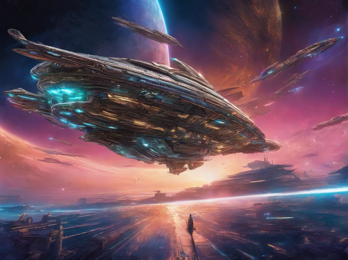 Create a highly detailed image of a large spaceship, reminiscent of those, what we've seen in Star Wars.. The main part of the ship should be predominantly forest green, with distinct, glowing yellow accents and bright, Pulsating glow, emanating from its core. At the bow of the ship, Include a sculptural, Eagle Face, with acute, piercing eyes and beak-like structure, Conveying the clear aesthetics of the Bird Alien. The ship should have several short wings on each side, meticulously embellished with intricate, Sparkling Metal Feathers, Mesmerizing reflection of light. Imagine a ship, Sailing gracefully through space, surrounded by a squadron of smaller ships, All of them mirror its design, Maintaining Forming Accuracy. The backdrop should be a breathtaking space scene, with majestic planets, bright stars, and bright nebulae, with a palette of deep blues, dark purple, and glowing pinks, Creating a mesmerizing interstellar background