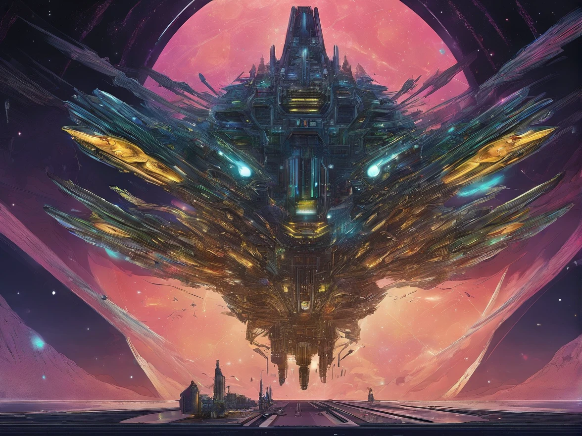 Create a highly detailed image of a large spaceship, reminiscent of those, what we've seen in Star Wars.. The main part of the ship should be predominantly forest green, with distinct, glowing yellow accents and bright, Pulsating glow, emanating from its core. At the bow of the ship, Include a sculptural, Eagle Face, with acute, piercing eyes and beak-like structure, Conveying the clear aesthetics of the Bird Alien. The ship should have several short wings on each side, meticulously embellished with intricate, Sparkling Metal Feathers, Mesmerizing reflection of light. Imagine a ship, Sailing gracefully through space, surrounded by a squadron of smaller ships, All of them mirror its design, Maintaining Forming Accuracy. The backdrop should be a breathtaking space scene, with majestic planets, bright stars, and bright nebulae, with a palette of deep blues, dark purple, and glowing pinks, Creating a mesmerizing interstellar background