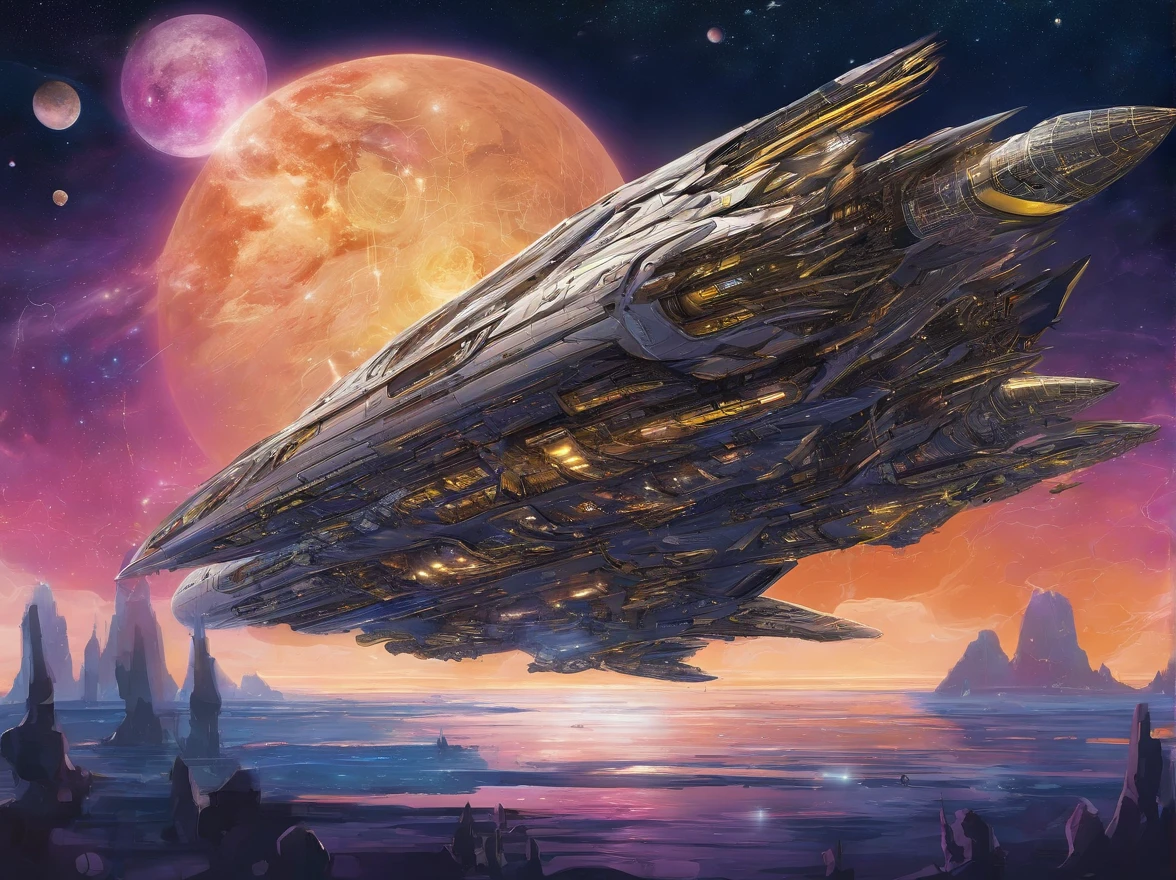 Create a highly detailed image of a large spaceship, reminiscent of those, what we've seen in Star Wars.. The main part of the ship should be predominantly forest green, with distinct, glowing yellow accents and bright, Pulsating glow, emanating from its core. At the bow of the ship, Include a sculptural, Eagle Face, with acute, piercing eyes and beak-like structure, Conveying the clear aesthetics of the Bird Alien. The ship should have several short wings on each side, meticulously embellished with intricate, Sparkling Metal Feathers, Mesmerizing reflection of light. Imagine a ship, Sailing gracefully through space, surrounded by a squadron of smaller ships, All of them mirror its design, Maintaining Forming Accuracy. The backdrop should be a breathtaking space scene, with majestic planets, bright stars, and bright nebulae, with a palette of deep blues, dark purple, and glowing pinks, Creating a mesmerizing interstellar background