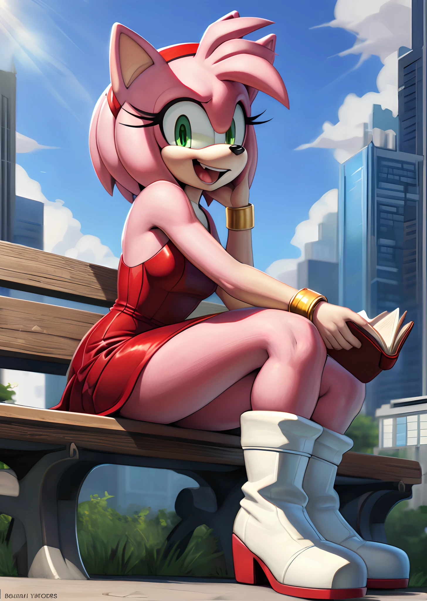 [Amy Rose], [sonic the hedgehog \(series\)], [Uploaded to e621.net; (Pixelsketcher), (wamudraws), (napalm_express)], ((masterpiece)), ((HD)), ((high quality)), ((solo portrait)), ((side view)), ((full body)), ((detailed fur)), ((detailed shading)), ((cel shading)), ((beautiful render art)), ((intricate details)), {anthro, (slim figure), (pink fur), black nose, animal ears, cute green eyes, short hair, headband, short tail, (gorgeous hips), (beautiful legs), (excited smile), (mouth open)}, {(short red dress white lining), (red knee-high boots), (white stripes on boots), (gold wristbands)}, {(sitting on bench), (holding book), (legs crossed), (looking at viewer)}, [background; (city), (park), (blue sky), (sun rays)]