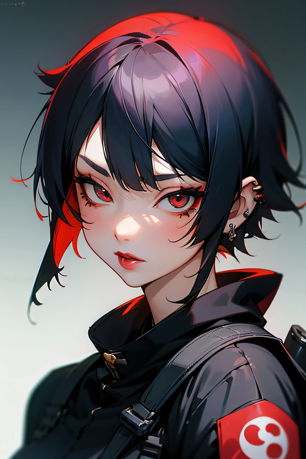 Japanese anime　girl with　piercings　short-hair　red lipsticks　Cool face　With a sniper　Background Battlefield