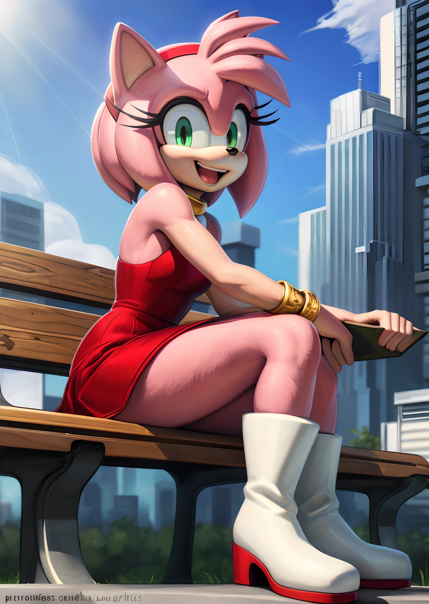 [Amy Rose], [sonic the hedgehog \(series\)], [Uploaded to e621.net; (Pixelsketcher), (wamudraws), (napalm_express)], ((masterpiece)), ((HD)), ((high quality)), ((solo portrait)), ((side view)), ((full body)), ((detailed fur)), ((detailed shading)), ((cel shading)), ((beautiful render art)), ((intricate details)), {anthro, (slim figure), (pink fur), black nose, animal ears, cute green eyes, short hair, headband, short tail, (gorgeous hips), (beautiful legs), (excited smile), (mouth open)}, {(short red dress white lining), (red knee-high boots), (white stripes on boots), (gold wristbands)}, {(sitting on bench), (holding book), (legs crossed), (looking at viewer)}, [background; (city), (park), (blue sky), (sun rays)]