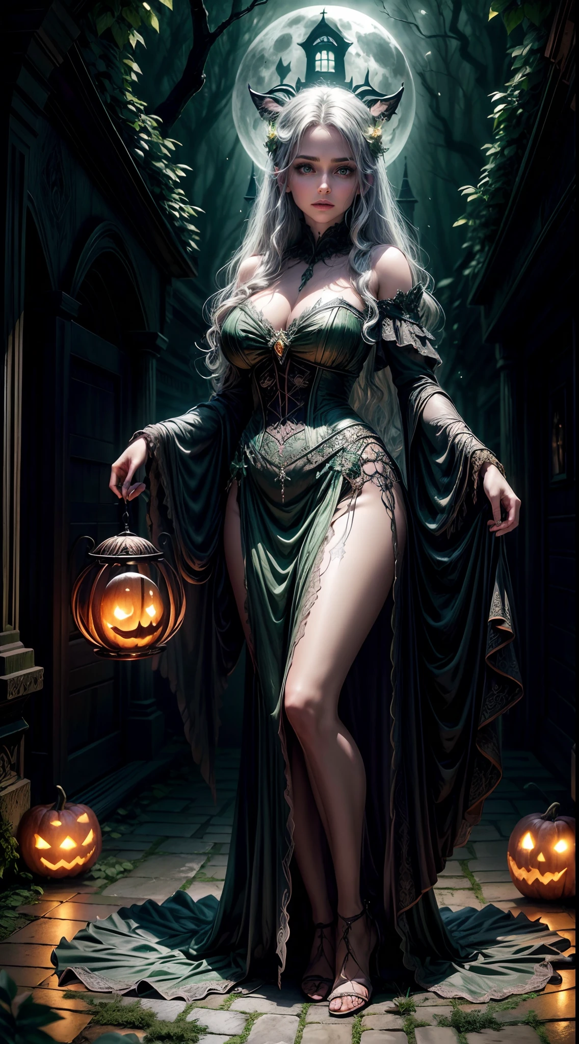 (best quality,4k,8k,highres,masterpiece:1.2),ultra-detailed,(realistic,photorealistic,photo-realistic:1.37), portrait, sorceress, moonlight, pumpkin, eerie glow, spooky, atmospheric, enchanting, dark and enchanting, golden hour, Halloween, mystical, magical, witch, sorcery, spellbinding, ethereal, mystical fog, mysterious, haunting, shadowy figures, enchanting forest, bewitching, moonbeam, mystical aura, bewitching green eyes, captivating, otherworldly, witchcraft, moonlit sky, enchanted evening, sorceress's lair, bewitched pumpkin, moonlit silhouette, mystical powers, mysterious atmosphere, spellcaster, moonlit magic, hauntingly beautiful, enchantment in the air, ethereal beauty, wearing emerald bewitch green dress, (full body)