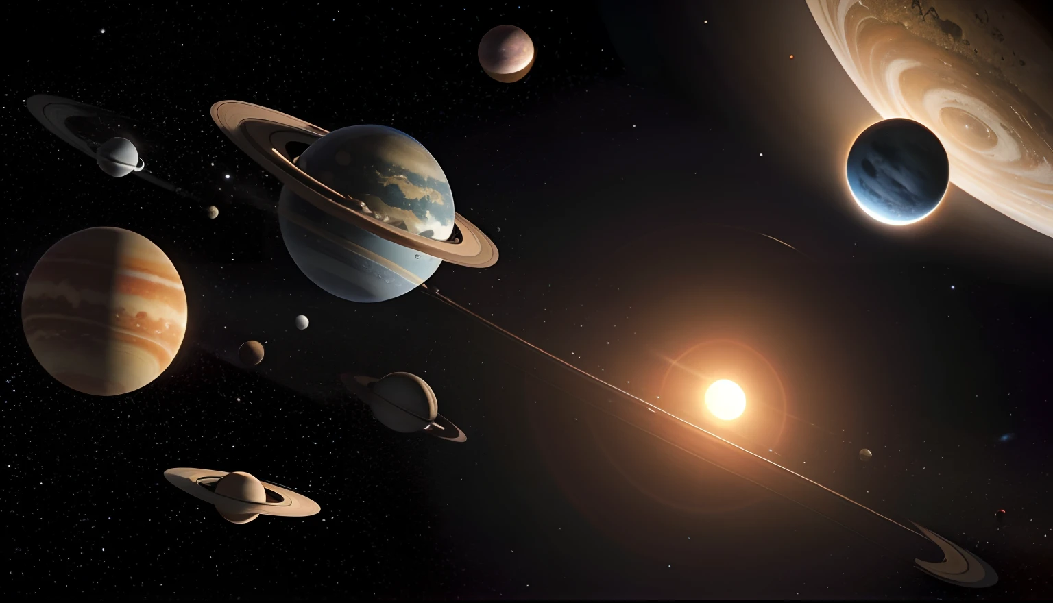Fisheye view of a solar system with planets and sun, sistema solar, planets orbit, Planetariums in orbit, Credit that, asteroid belt, galaxy orbit system, sistema solar, solar, Planetas, Planetas, Planetas se alinham, Sistema solar coberto, planets behind, orbital rings, planeta, renderizado