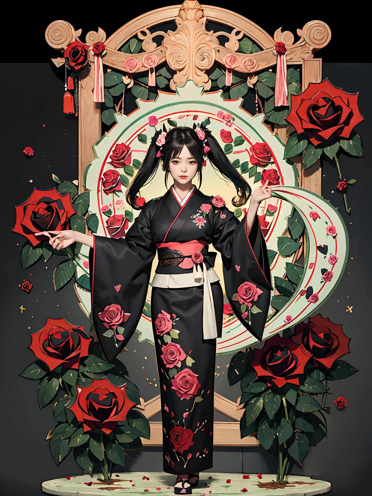 rokoko:1.5,Background of details(Japanese garden(Rose:1.5)),BREAK ,elaborate costume(Luxury kimono(Black kimono(detailed embroidery(Black rose embroidery:1.2)))),BREAK,1 Beautiful and classy adult woman(Japanese actressl:1.2)(shinny hair(A black,verdant),(poneyTail:1.2))(Arms outstretched),BREAK,Wallpapers 16K,Blur the background,(masutepiece:1.5), (Best Quality:1.5),(Portrait photos:1.5),(full body Esbian:1.5)
