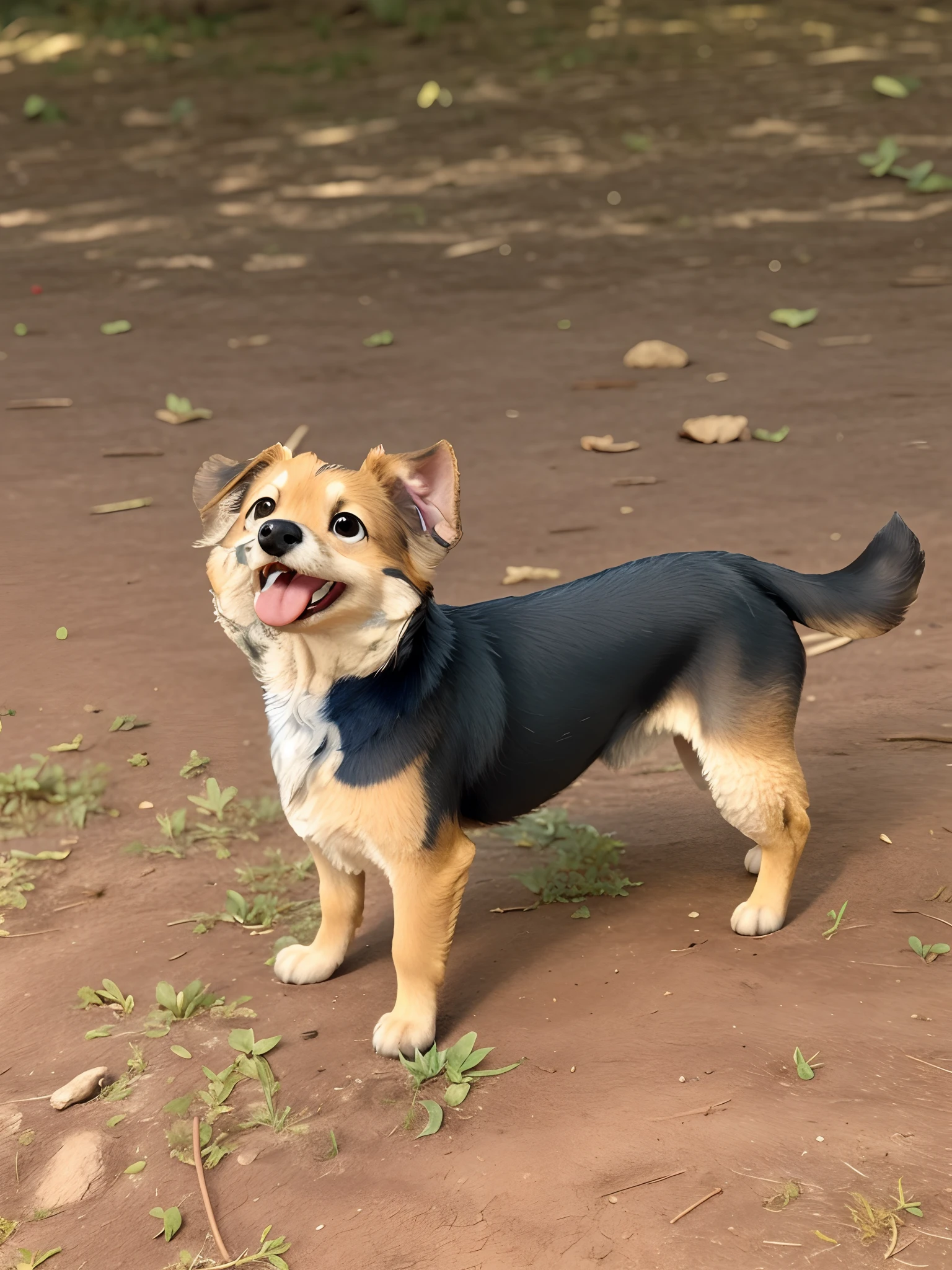 There's a small dog standing on the ground with its tongue sticking out, happily smiling at the camera, um bonito, Pose frontal, 2 anos, Retrato frontal completo, extremamente bonito, fazendo uma pose majestosa, staring directly at camera, small dog, Directed by: Samuel Silva, Regal Pose, staring directly at camera, Pose divertida, Tiro frontal completo