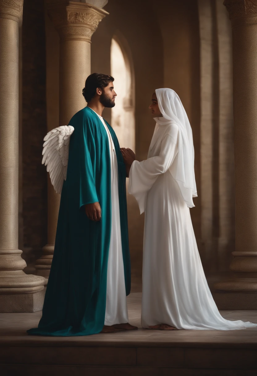 criar uma foto super realista (An angel and a girl) the angel and the angel Gabriel with the appearance of a bright man appearing to a 20-year-old girl with a Muslim appearance in a Muslim robe (foto ultrarrealista)