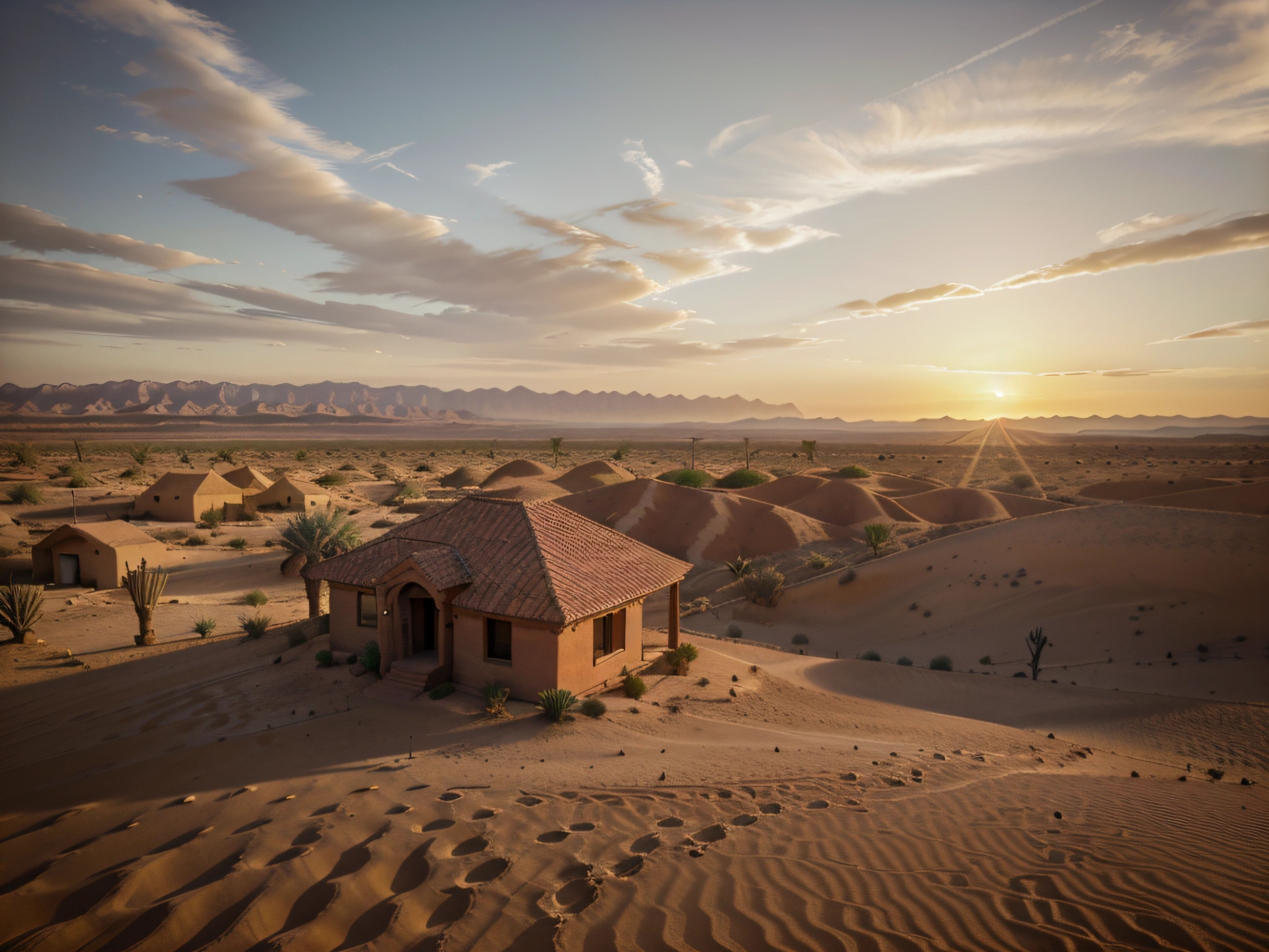 abstract colors, texture, warm sunset tones, dusty atmosphere, distant mirage effect:0.2 intricately detailed digital painting of a vast (red sand)1.2 desert landscape, with the (sun setting)1.3 on the horizon, casting a warm, golden glow that envelops the undulating dunes. In the foreground, vividly depict a cluster of (small sandstone houses)1.2 closely huddled together, their earthen walls blending seamlessly with the desert surroundings. Envision a diverse group of (people)1.3 gathered around a central (fountain)1.2, engaged in lively conversation, their animated gestures and expressions illuminated by the soft, warm light of the fading sun. Capture the intricate details of the desert scenery, from the subtle (ripples)1.1 in the sand to the (subdued shadows)1.1 cast by the houses and people, adding depth and texture to the immersive portrayal of desert life as day surrenders to dusk.
