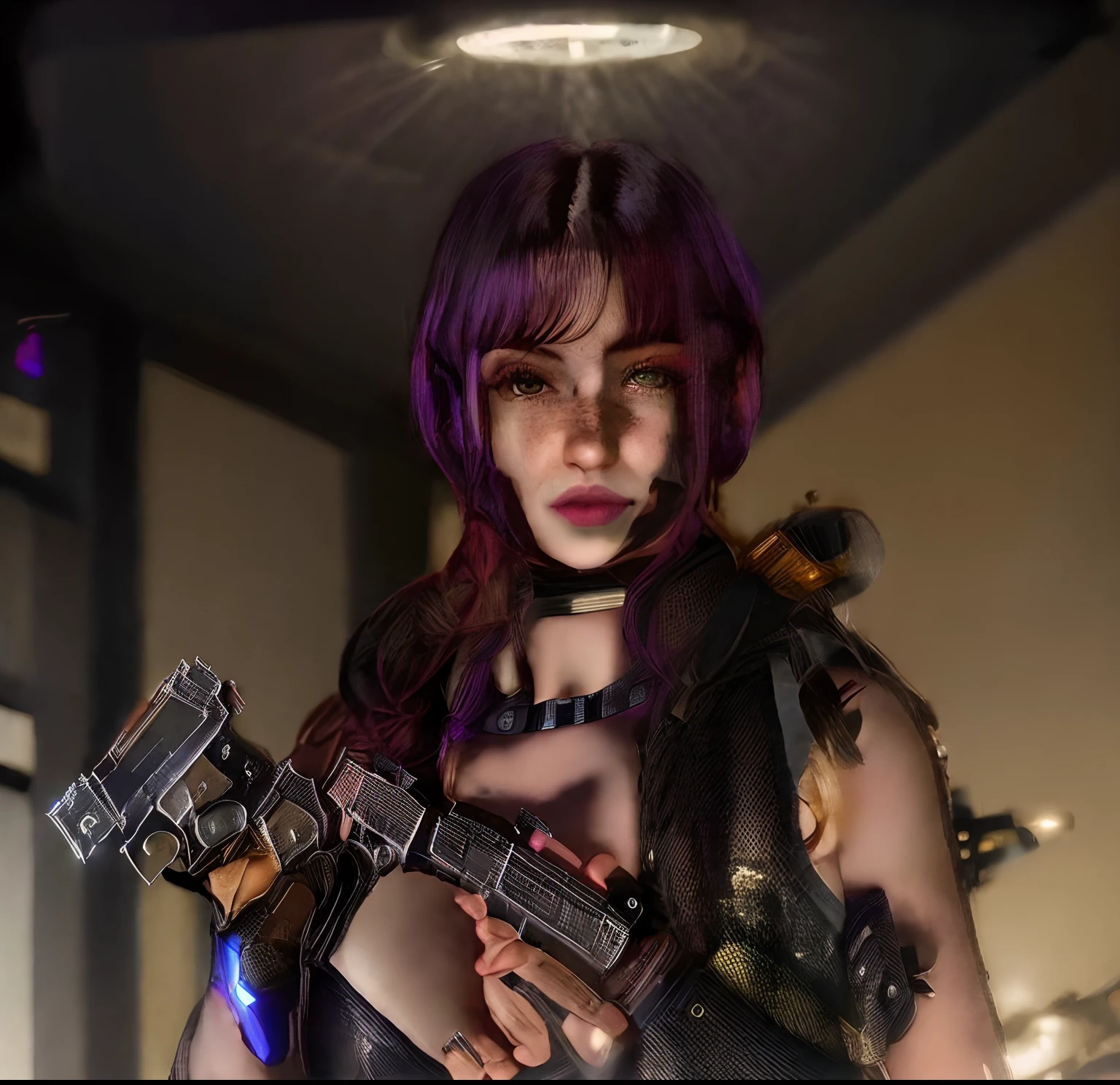 there is a woman with a gun and a halo in front of a full moon, dreamy cyberpunk girl, with a red halo over her head, hyper-realistic cyberpunk style, cyberpunk femme fatale, cyberpunk 2 0 y. o model girl, molly from neuromancer, looks a blend of grimes, cyberpunk angry gorgeous goddess, inspired by Leng Mei