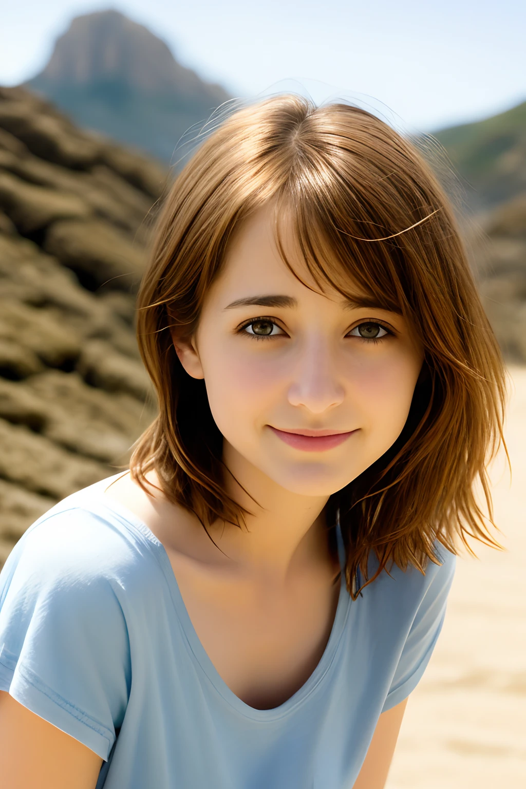 La mejor calidad, Chica. El caucásico Allison Mack ,brown hair , ,Cabello largo ,, profundidad de campo, ojos azules ,
, without smiling ,,, Camiseta blanca y jeans ,mirando al espectador, Rocas de playa