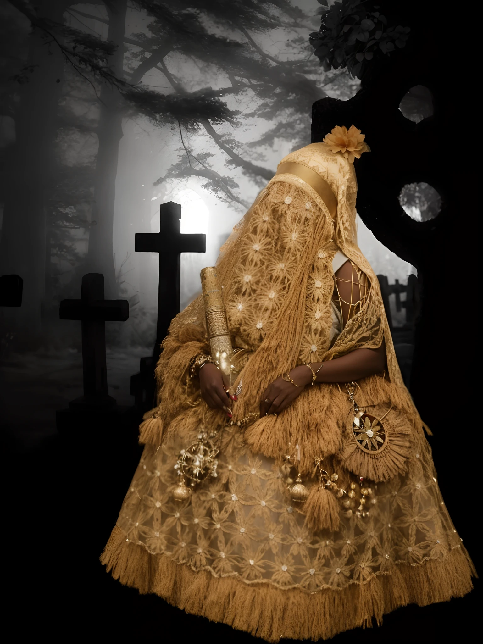 Cinematographic hyperrealistic image of the orisha Obaluaê, Standing in front of a cross, funeral veil, elaboradas vestes de culto, Retrato de um necromante sagrado, goddess of death in a graveyard, Album art, Directed by: Chinwe Chukwuogo-Roy, intrincada maquiagem vodu, beyonce as the pope, gothic maiden shaman, Rainha dos Fantasmas, xapanã, omulu, umbanda, orisha, 16k, highes definition, rosto detalhado, rosto detalhado, olhos detalhados, terno detalhado, estilo DC, hiper-realista, + Cinematographic shot + dynamic compositing, incrivelmente detalhado, nitidez, detalhes + detalhes soberbos + noite com luz + perfeccionismo + realismo premiado ((soft-lighting))
