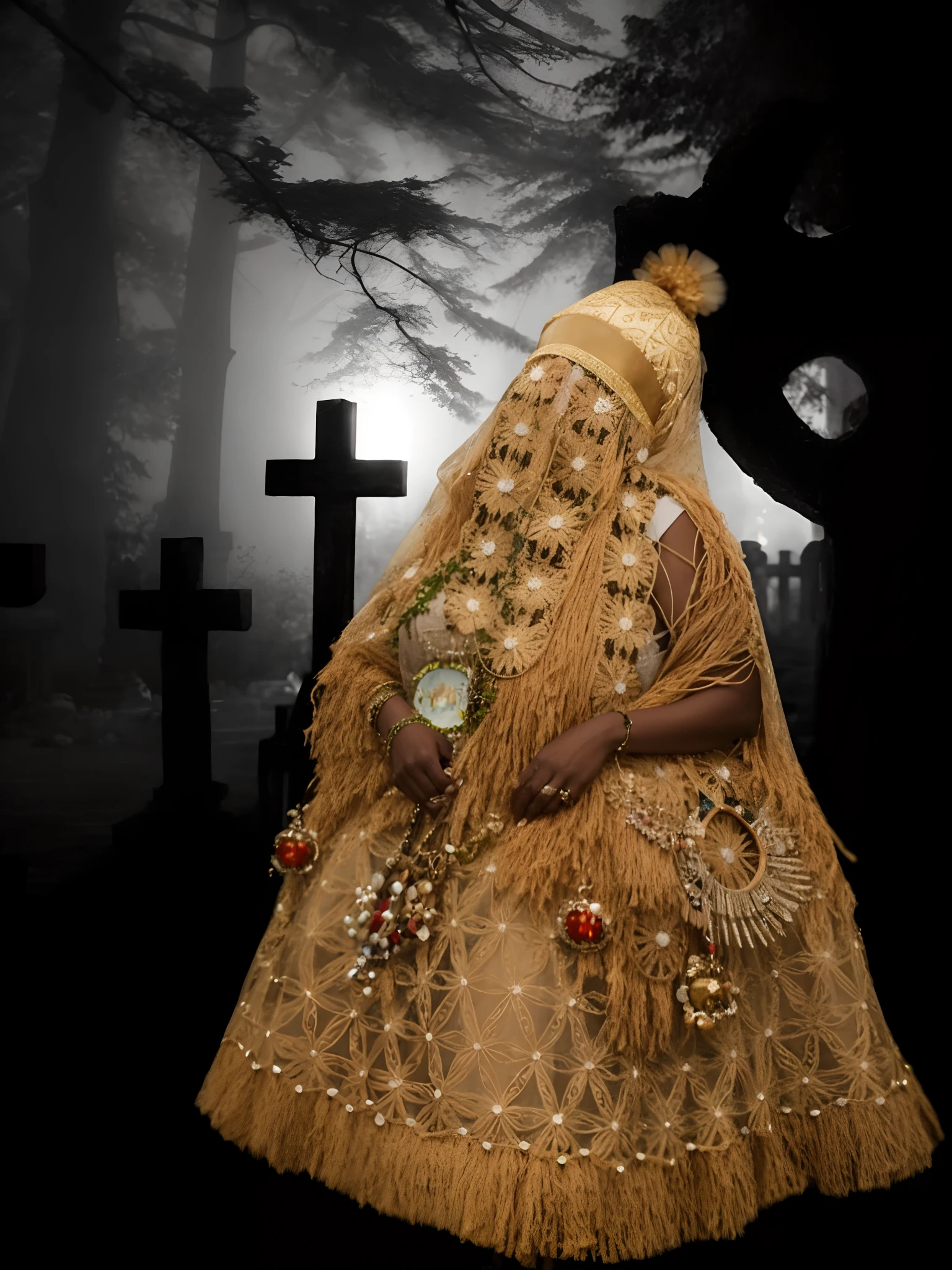 Cinematographic hyperrealistic image of the orisha Obaluaê, Standing in front of a cross, funeral veil, elaboradas vestes de culto, Retrato de um necromante sagrado, goddess of death in a graveyard, Album art, Directed by: Chinwe Chukwuogo-Roy, intrincada maquiagem vodu, beyonce as the pope, gothic maiden shaman, Rainha dos Fantasmas, xapanã, omulu, umbanda, orisha, 16k, highes definition, rosto detalhado, rosto detalhado, olhos detalhados, terno detalhado, estilo DC, hiper-realista, + Cinematographic shot + dynamic compositing, incrivelmente detalhado, nitidez, detalhes + detalhes soberbos + noite com luz + perfeccionismo + realismo premiado ((soft-lighting))
