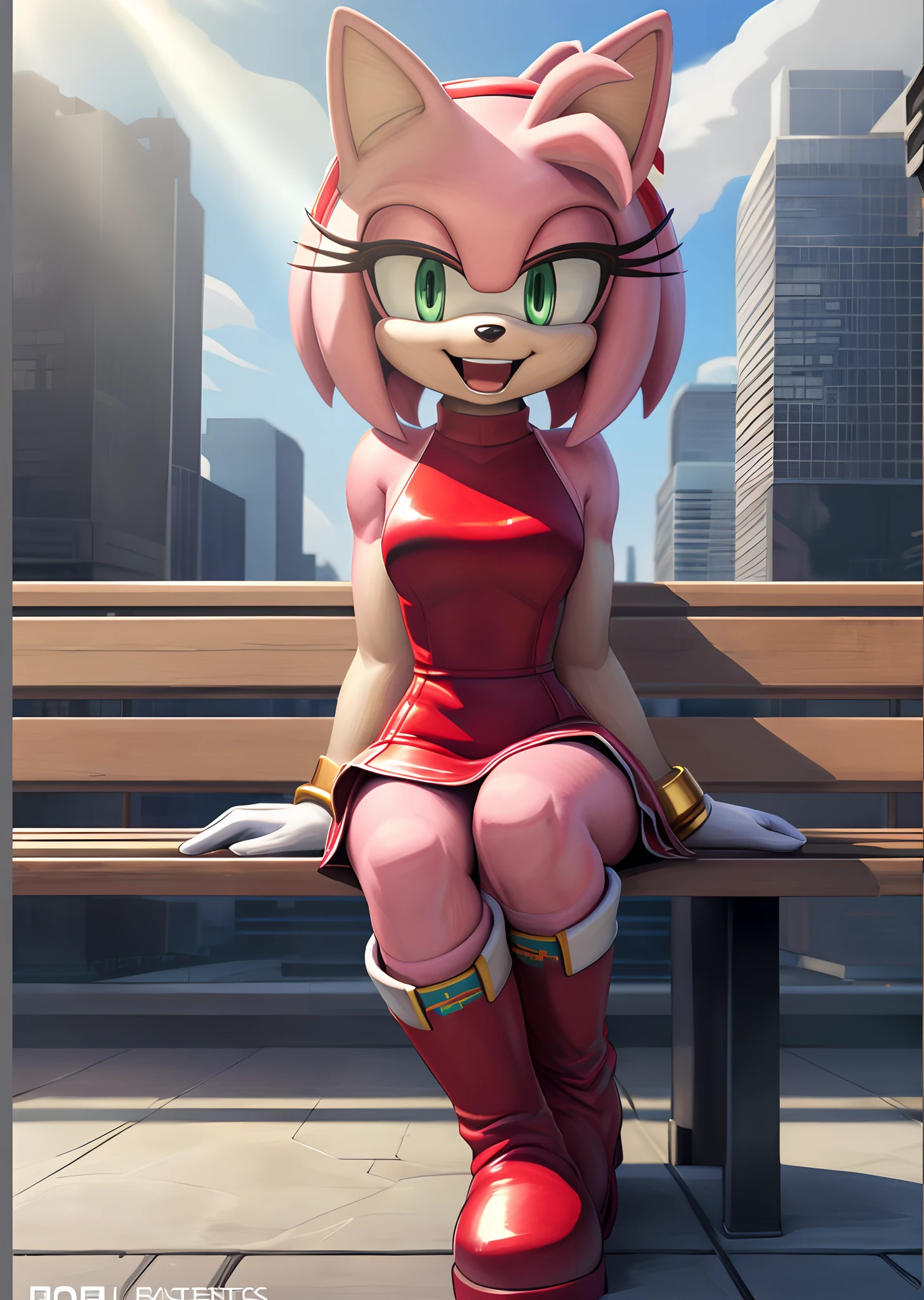 [Amy Rose], [sonic the hedgehog \(series\)], [Uploaded to e621.net; (Pixelsketcher), (wamudraws), (napalm_express)], ((masterpiece)), ((HD)), ((high quality)), ((solo portrait)), ((front view)), ((full body)), ((detailed fur)), ((detailed shading)), ((cel shading)), ((beautiful render art)), ((intricate details)), {anthro, (slim figure), (pink fur), black nose, animal ears, cute green eyes, (half-closed eye), short hair, headband, short tail, (gorgeous hips), (beautiful legs), (seductive gaze), (excited smile), (mouth open)}, {(short red dress white lining), (red knee-high boots), (white stripes on boots), (gold wristbands)}, {(sitting on bench), (arms at side), (legs crossed), (looking at viewer)}, [background; (city), (park), (blue sky), (sun rays)]