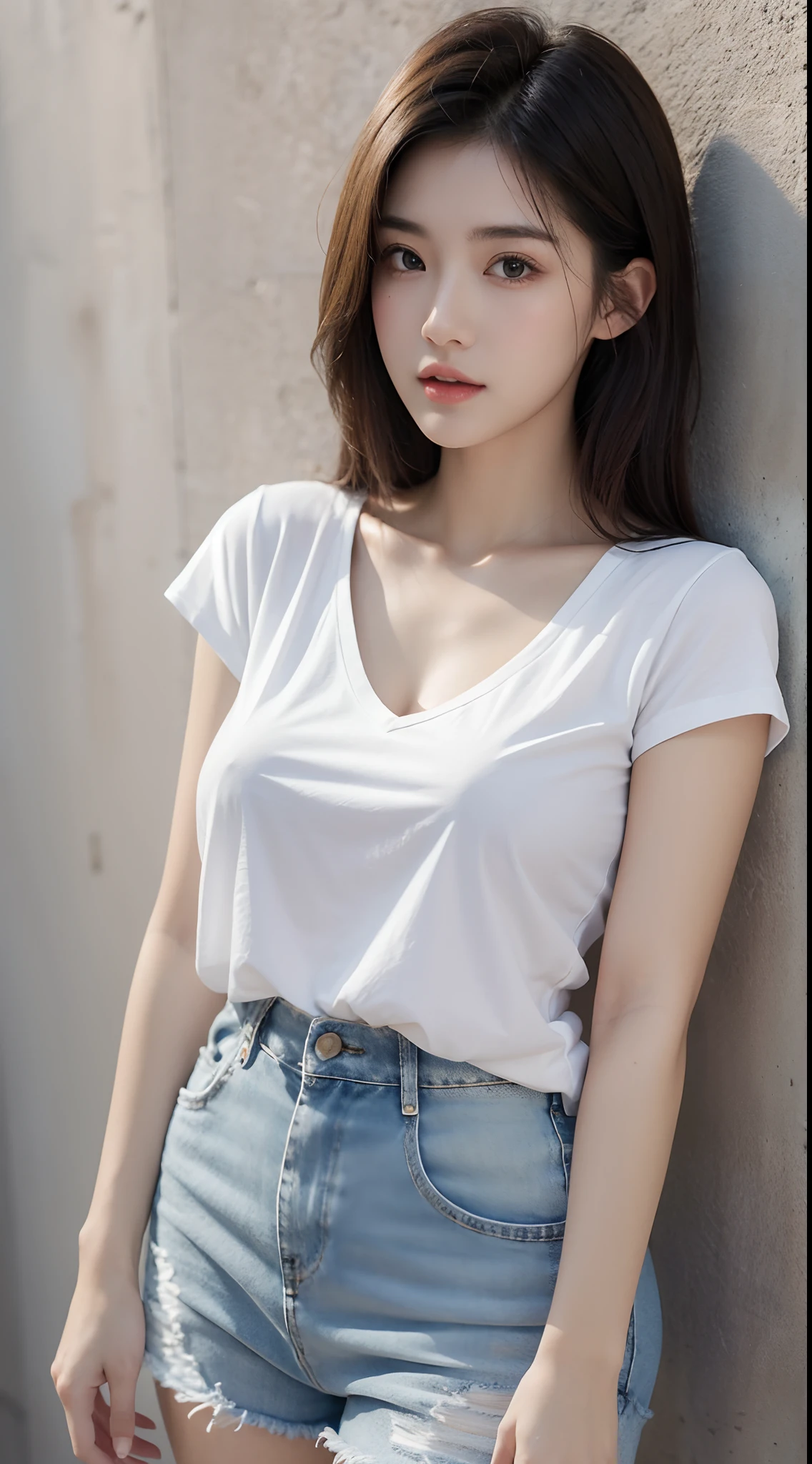 Best Quality, Masterpiece, Ultra High Resolution, (Realistic: 1.4), Original Photo, (Evening Street), Two People, 1 Girl, Turkish face, Black Eyes, Long Hair, Light Makeup, Lips, Small Ears, White basic T-Shirt, Jeans, Beautiful Turkish Women in Perfect Shape: 1.4, (Outdoor, Seaside: 1.1), City Street, Super Fine Face, Fine Eyes, Full Body: 1.9