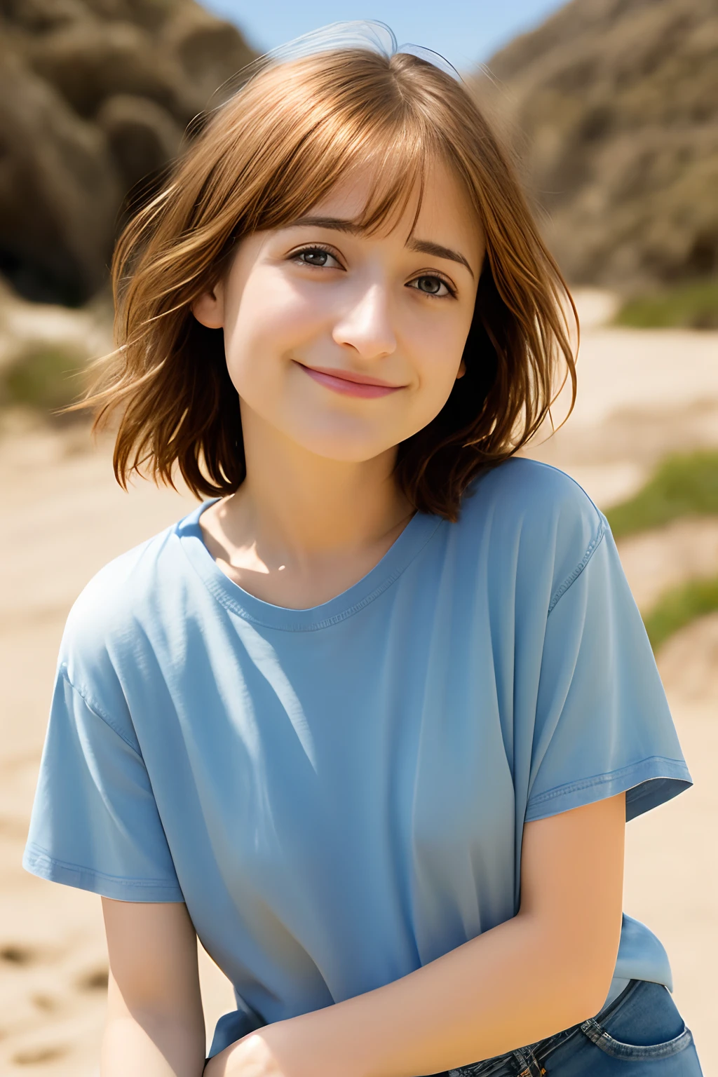 La mejor calidad, Chica. El caucásico Allison Mack ,brown hair , ,Cabello largo ,, profundidad de campo, ojos azules ,
, without smiling ,,, Camiseta blanca y jeans ,mirando al espectador, Rocas de playa