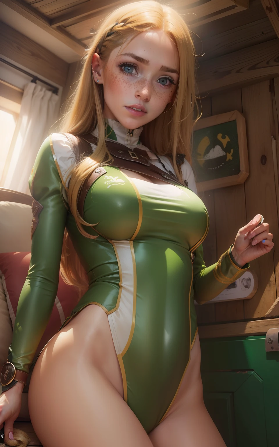 (misma imagen) Rubia pelo liso con cola de caballo, ojos verdes, pecas en nariz.