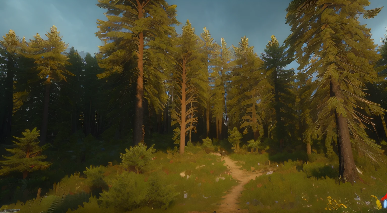 There is a picture of a forest with a horse in it, Cinematic forest lighting, Rendered in Cryengine, Landscape of a forest glade, Deforestation, wooded area, высокодетализированная среда, Bor, The Giperrealistic Environment, Dense forest outdoors, Сverhdetalsilisiannaya medium, Pine forests, Game Engine Lighting, Forest in the morning light, sparse pine forest, The witcher 3