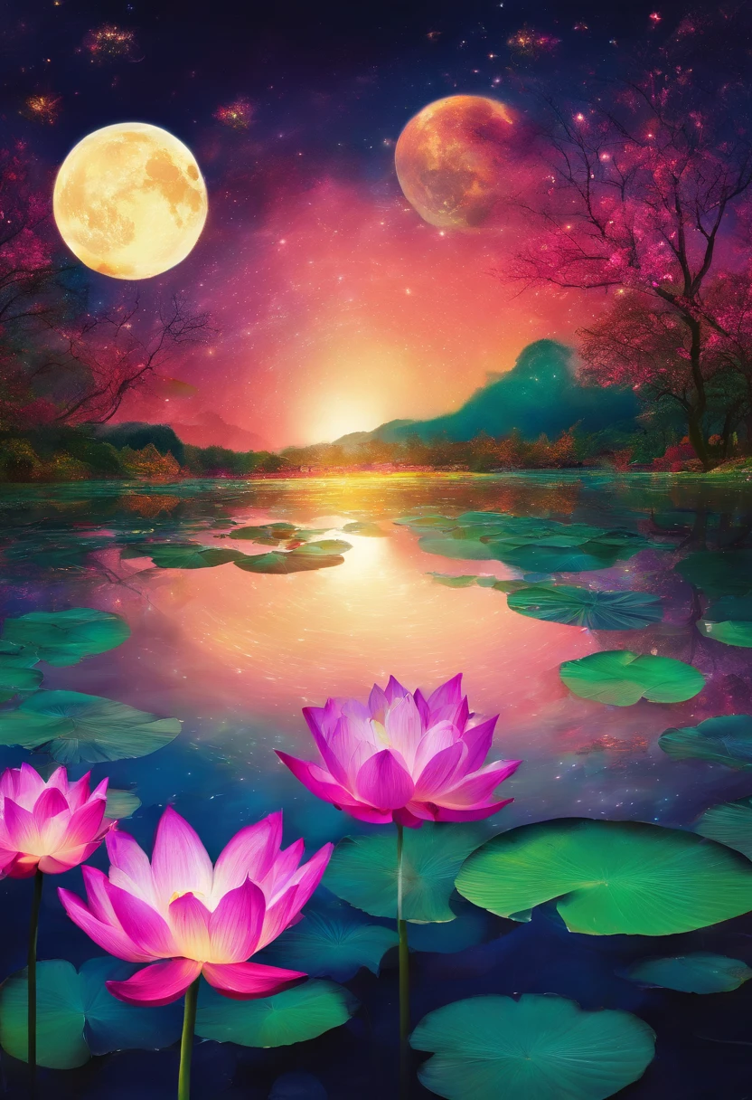 (tmasterpiece，Authentic photography，Concise composition：1.5），the night，Lotus pond moonlight，Beautiful artistic conception
