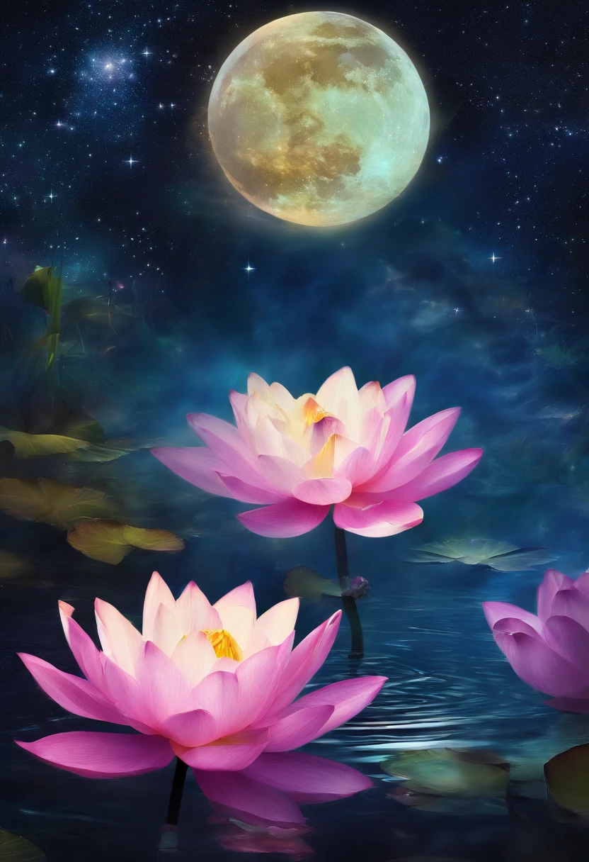 (tmasterpiece，Authentic photography，Concise composition：1.5），the night，Lotus pond moonlight，Beautiful artistic conception